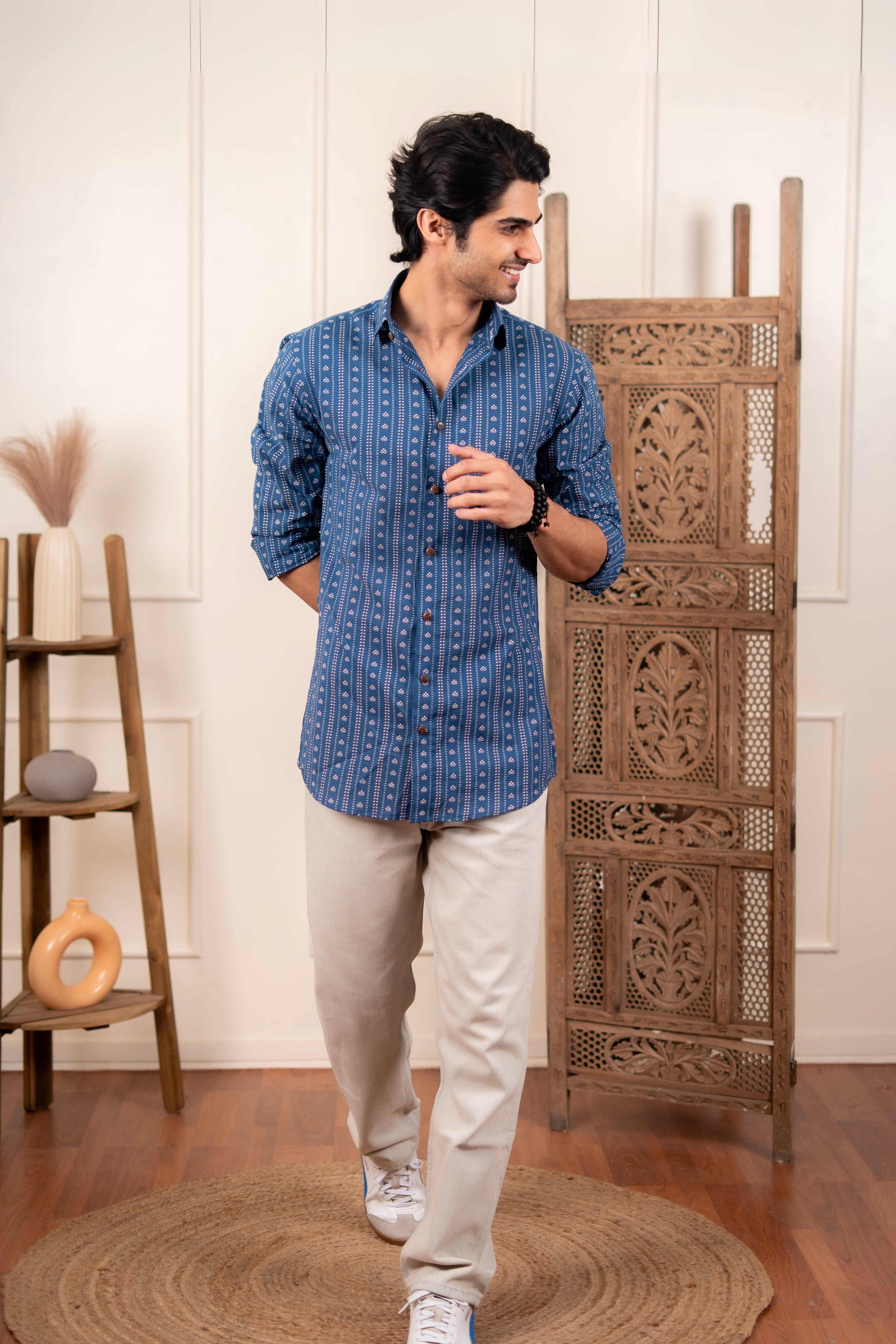The Acquire Blue Shirt with Traditional Indian Block Print