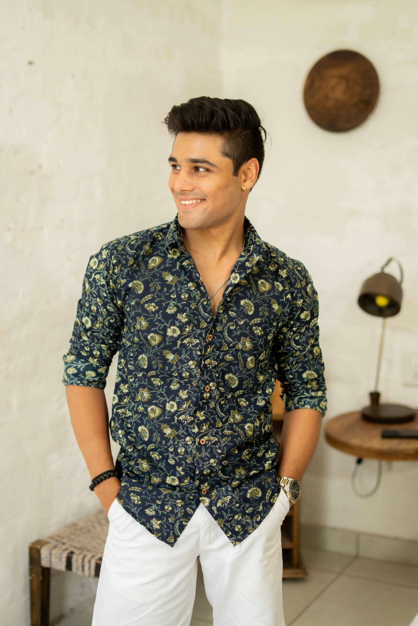 The Yale Blue Shirt with Floral Batik Print