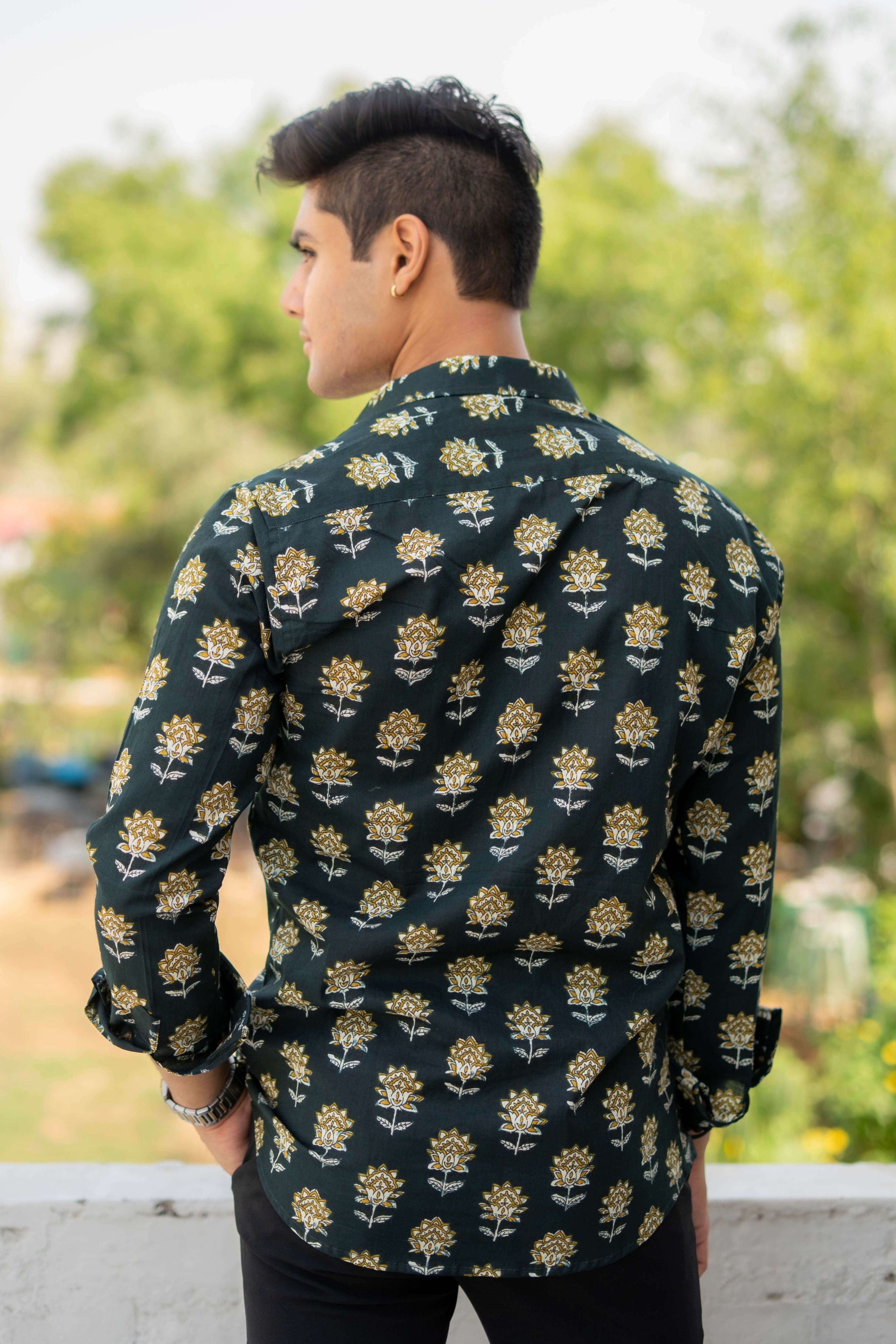 The Castel Green Shirt with Yellow and White Flower Print