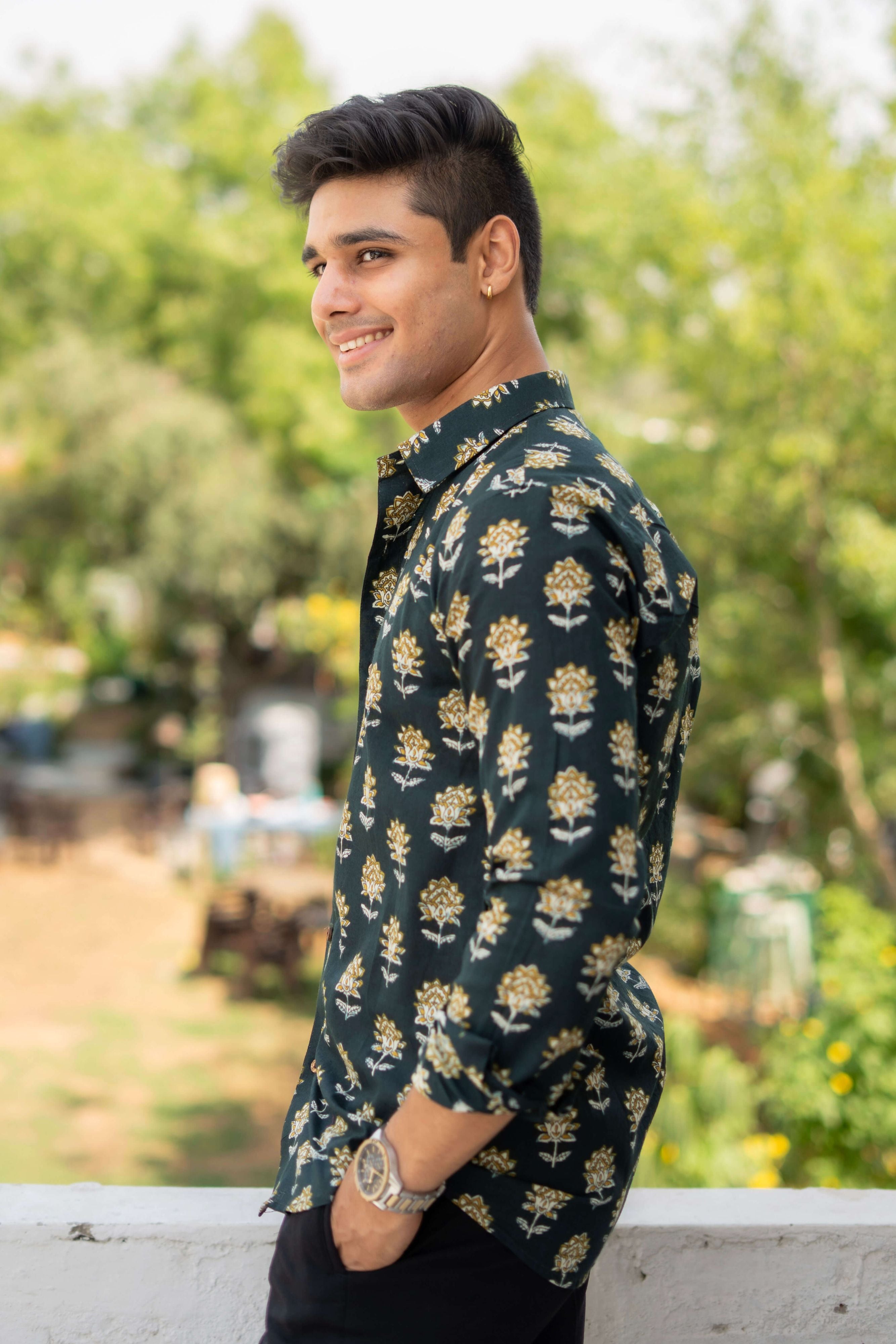 The Castel Green Shirt with Yellow and White Flower Print