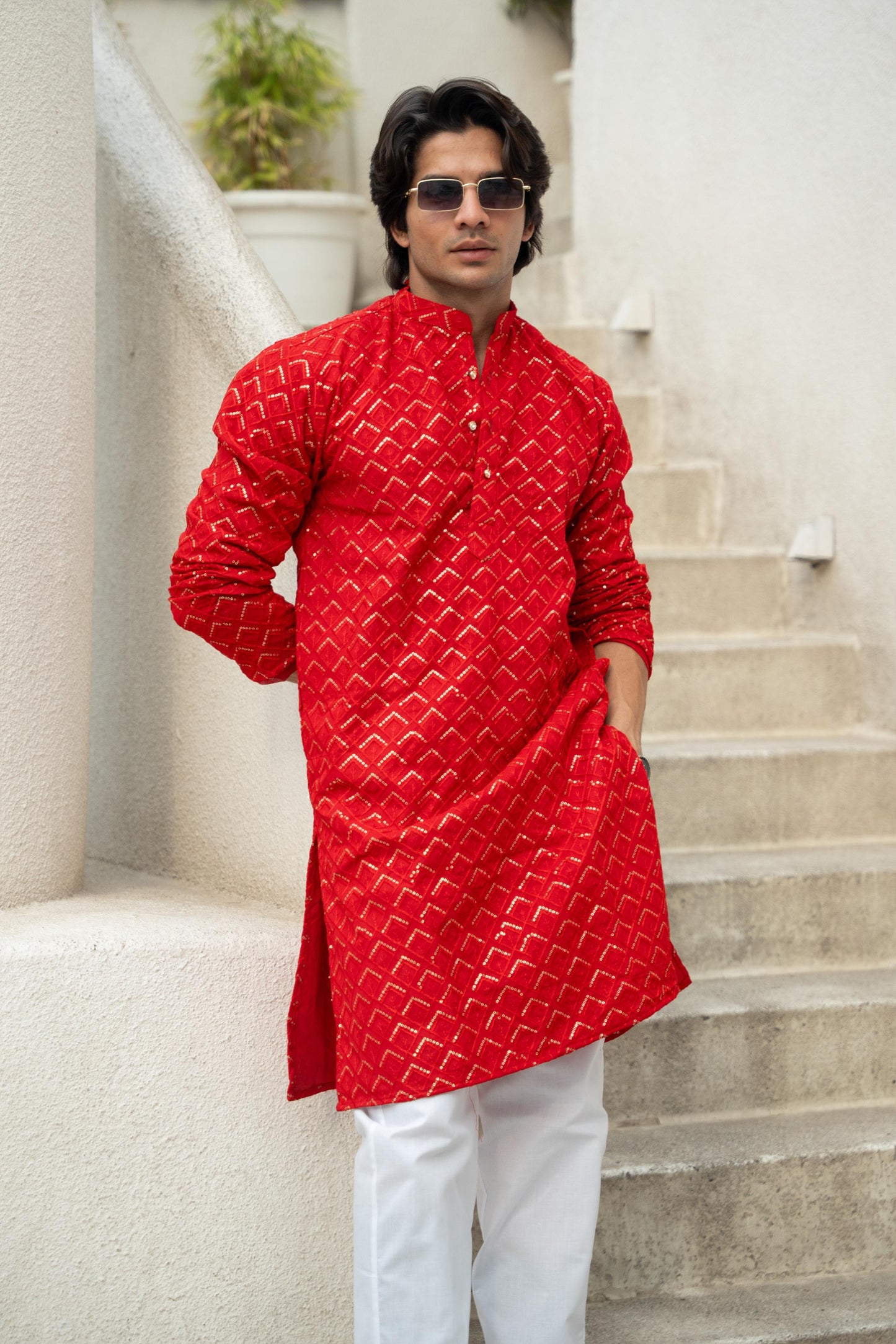 The Red Long Kurta With Gemoetric Embroidery and Sequins Work