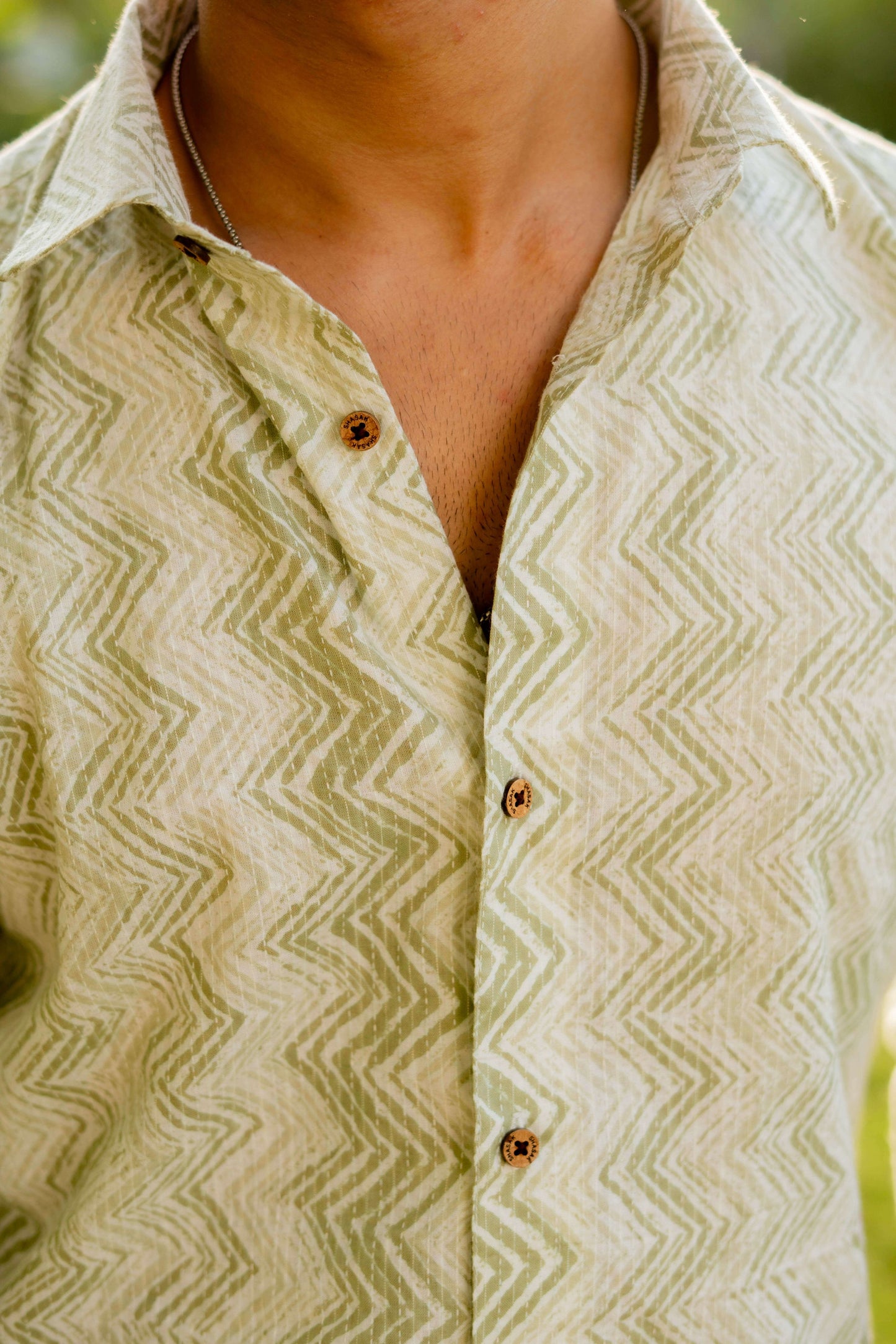 The White Kantha Work Shirt with Basil Green Zig Zag Print