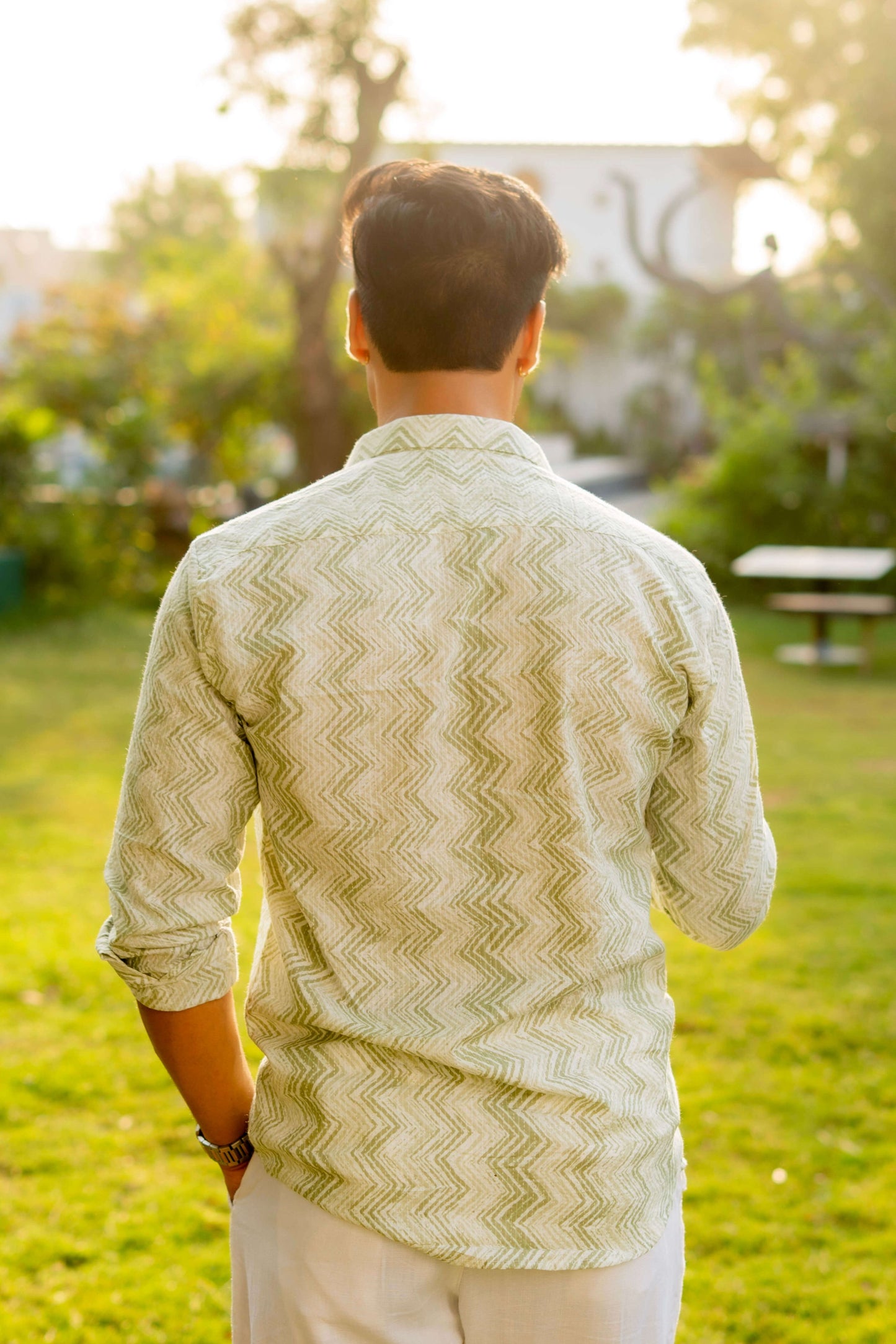 The White Kantha Work Shirt with Basil Green Zig Zag Print