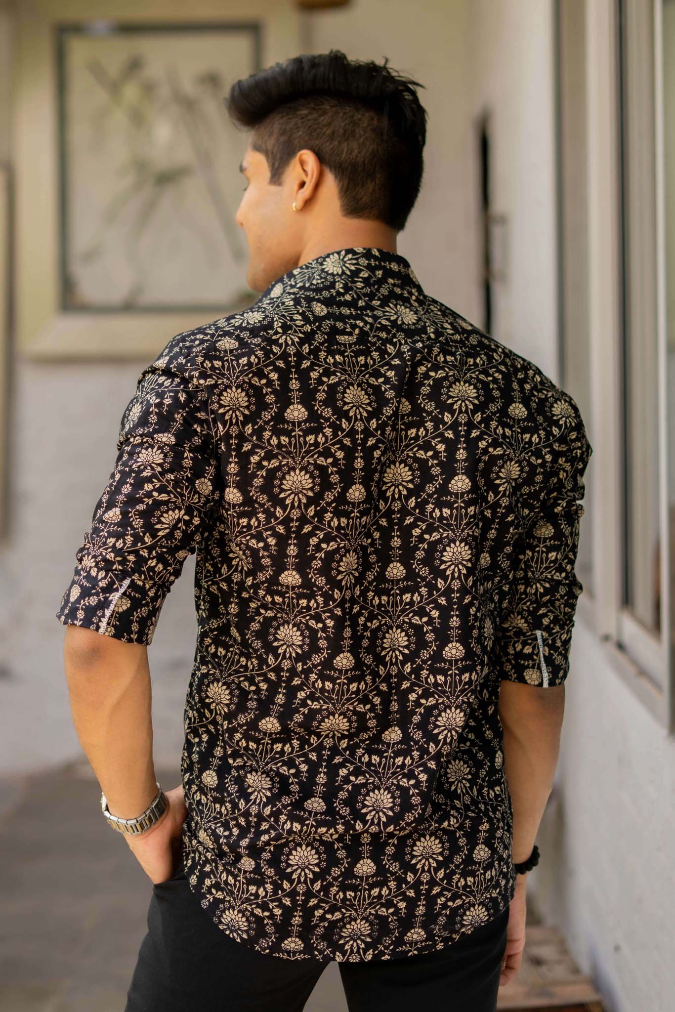 The Black Shirt With Beige Dabu Print