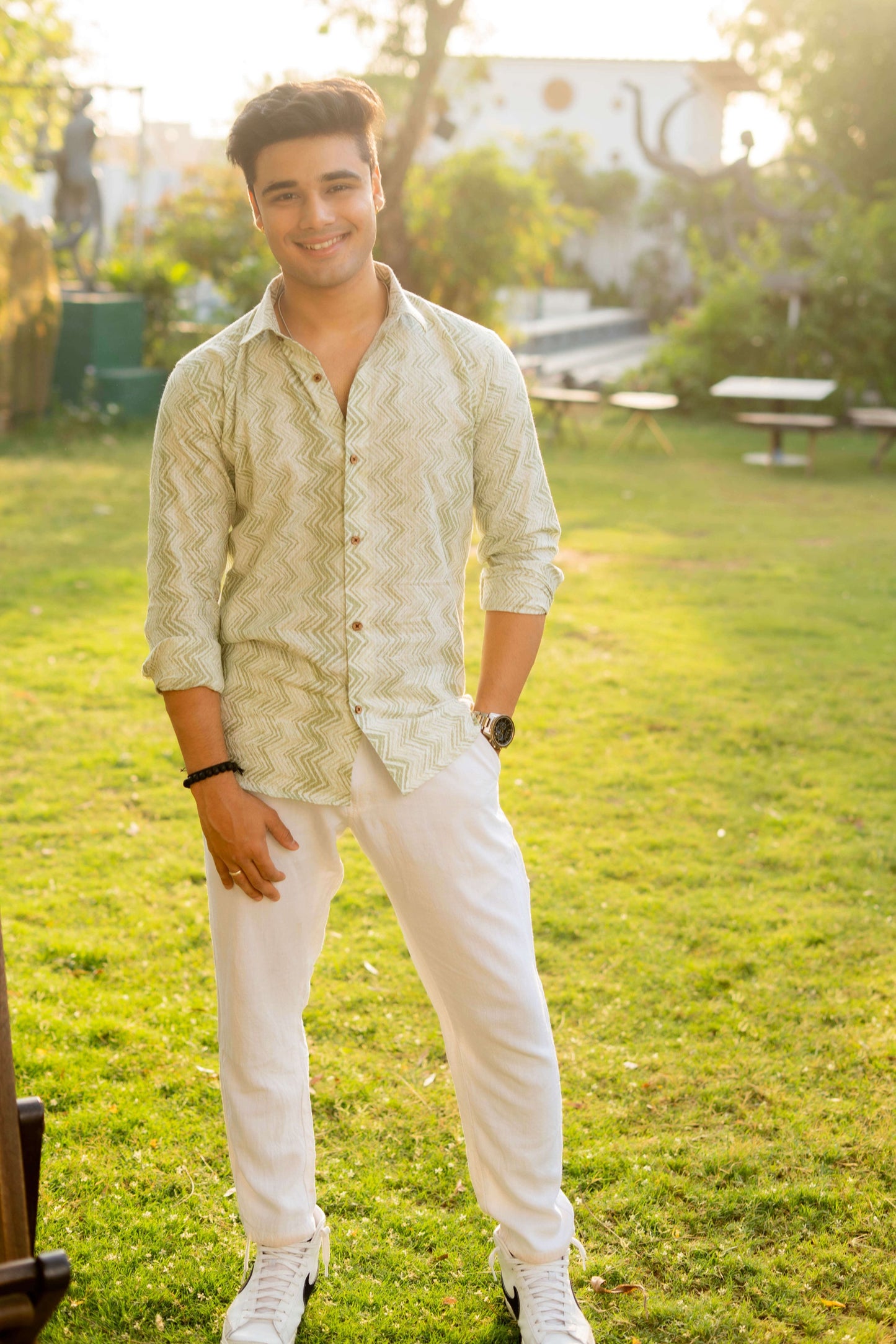 The White Kantha Work Shirt with Basil Green Zig Zag Print