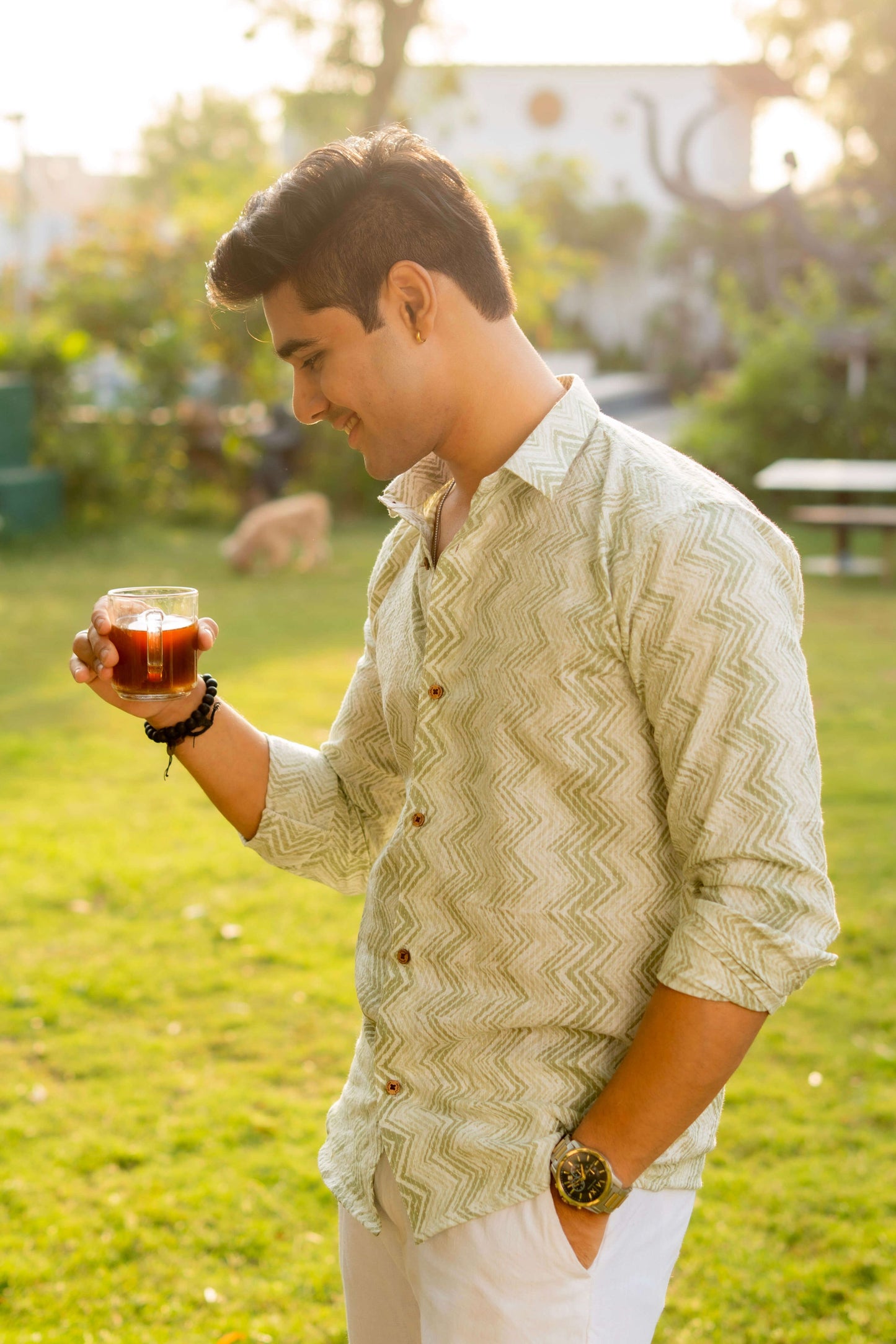 The White Kantha Work Shirt with Basil Green Zig Zag Print