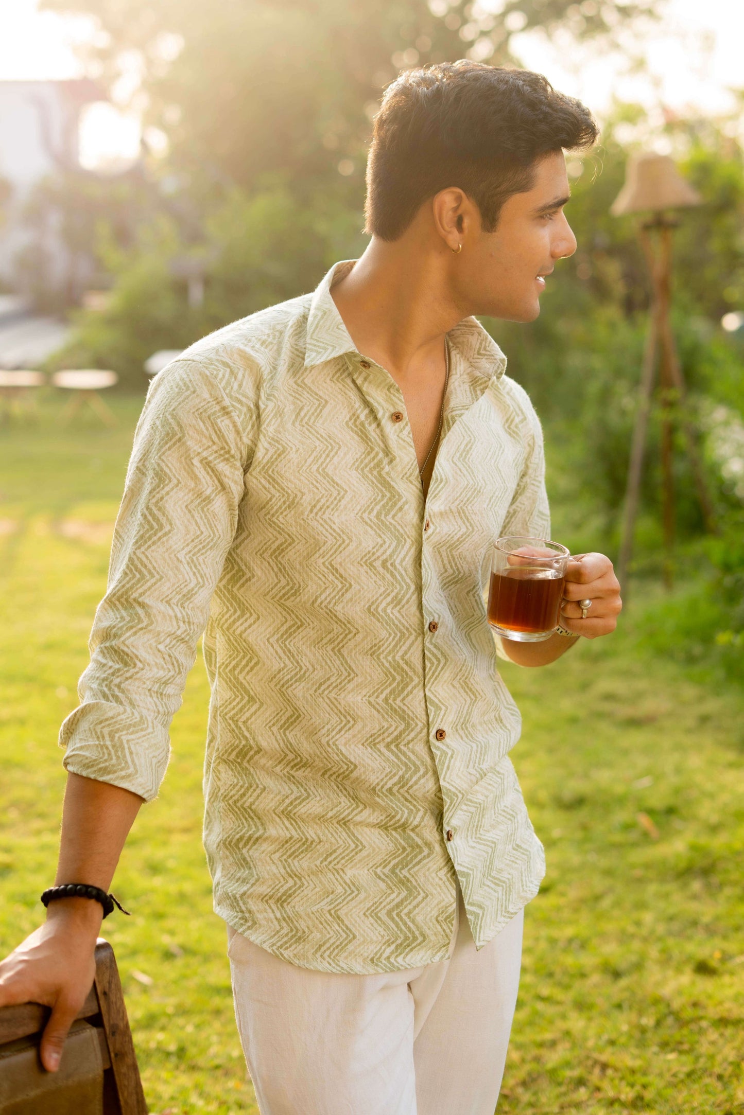 The White Kantha Work Shirt with Basil Green Zig Zag Print