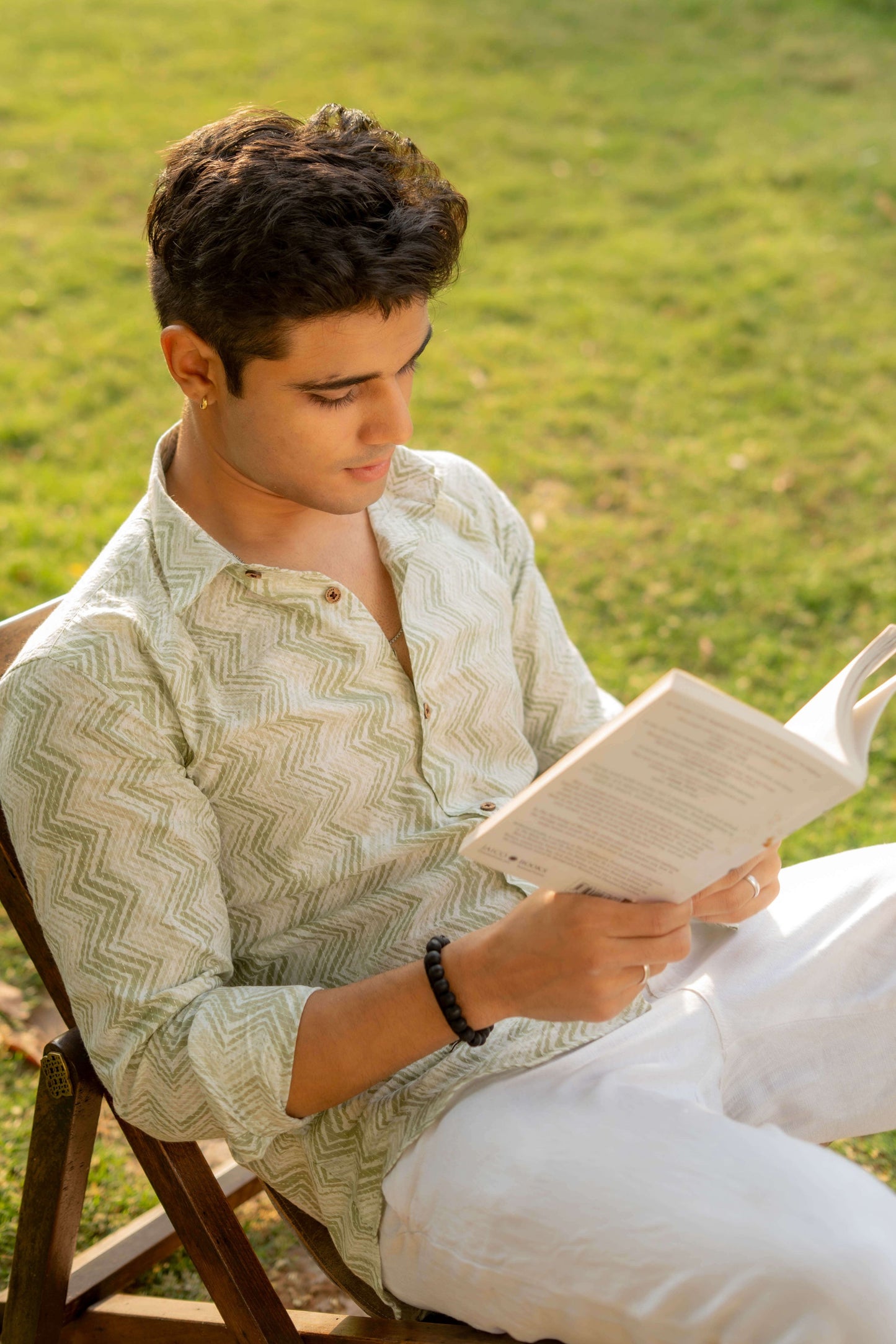 The White Kantha Work Shirt with Basil Green Zig Zag Print
