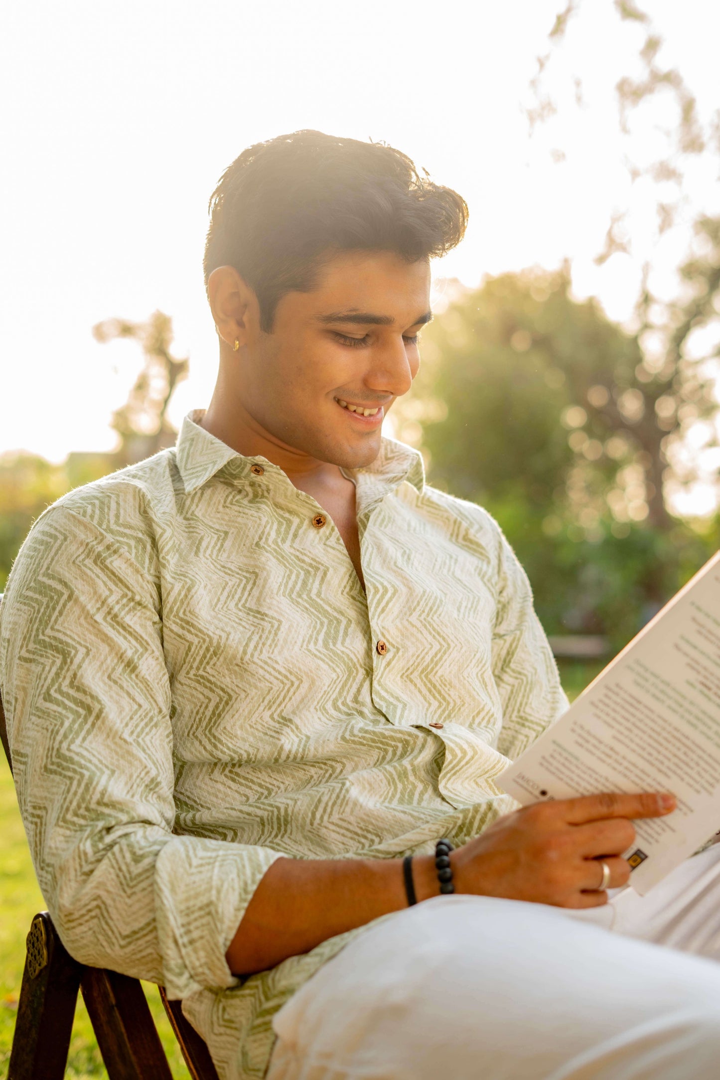 The White Kantha Work Shirt with Basil Green Zig Zag Print