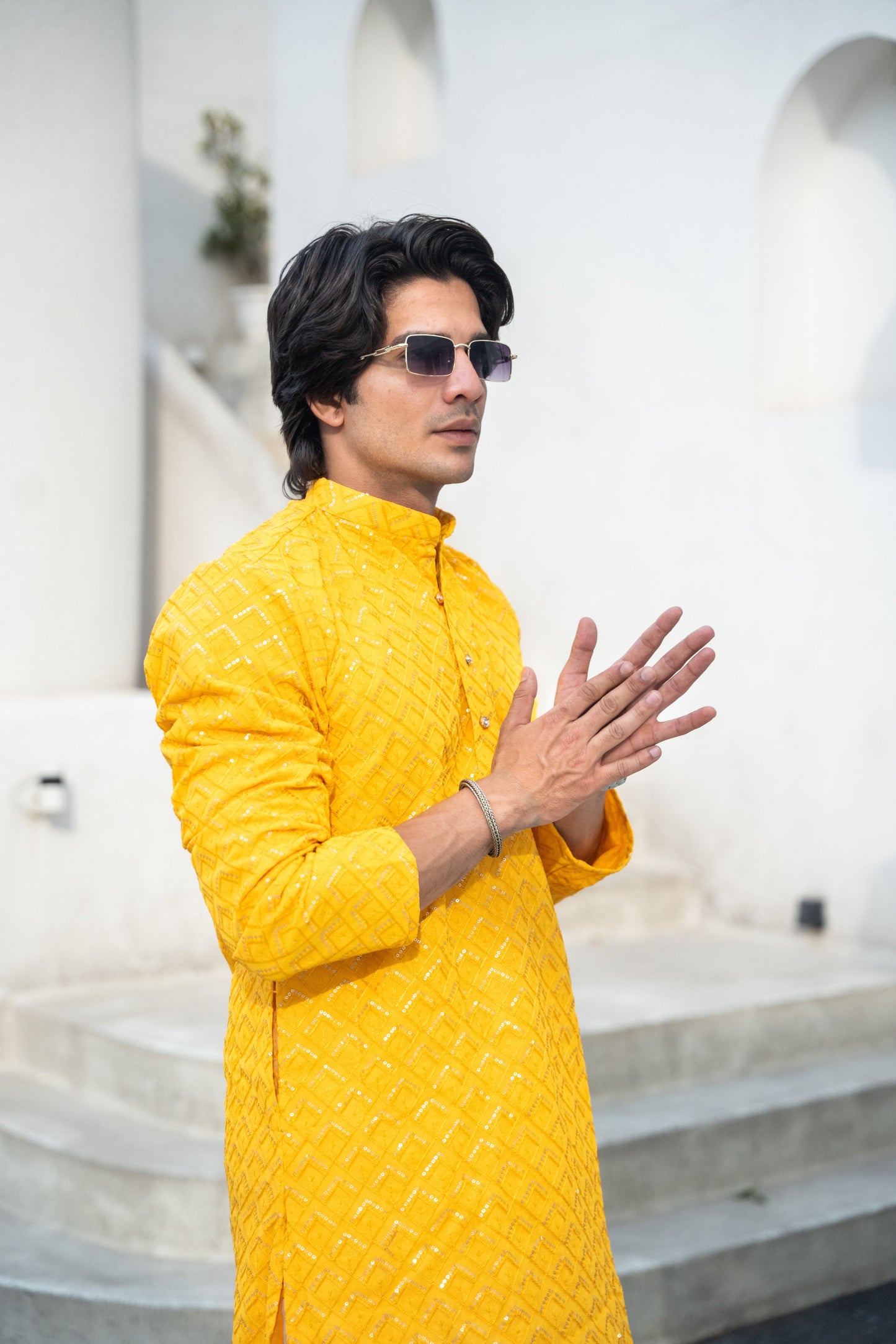 The Yellow Long Kurta With Geometric Embroidery and Sequins Work