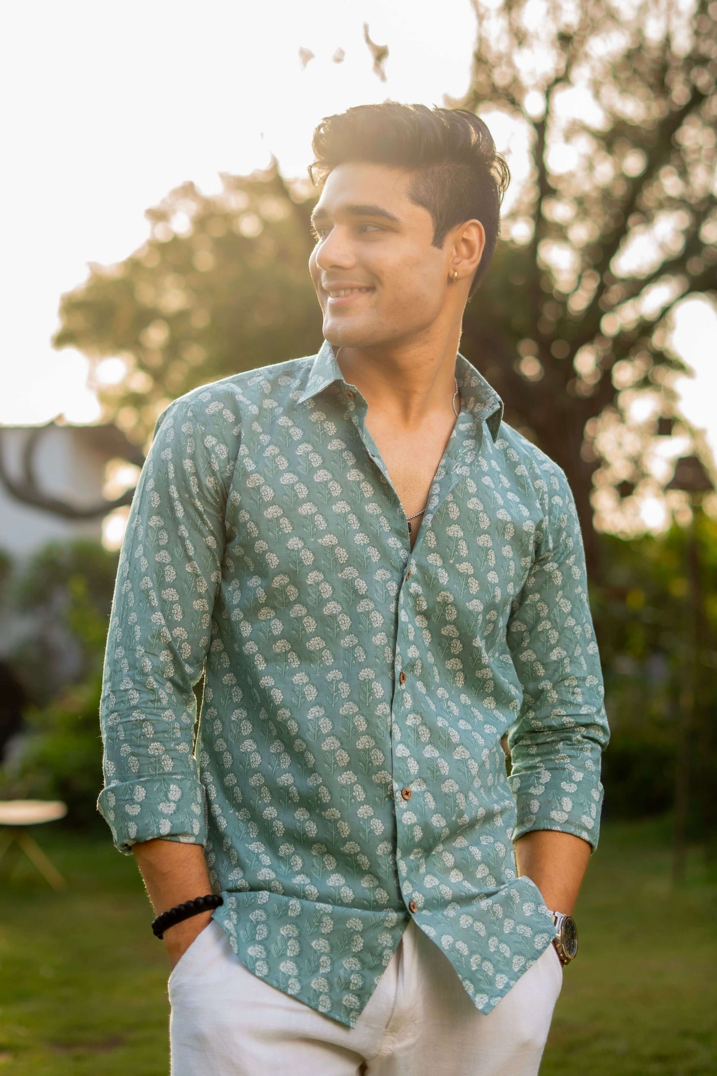 The Aqua Green Shirt with White Flower Print