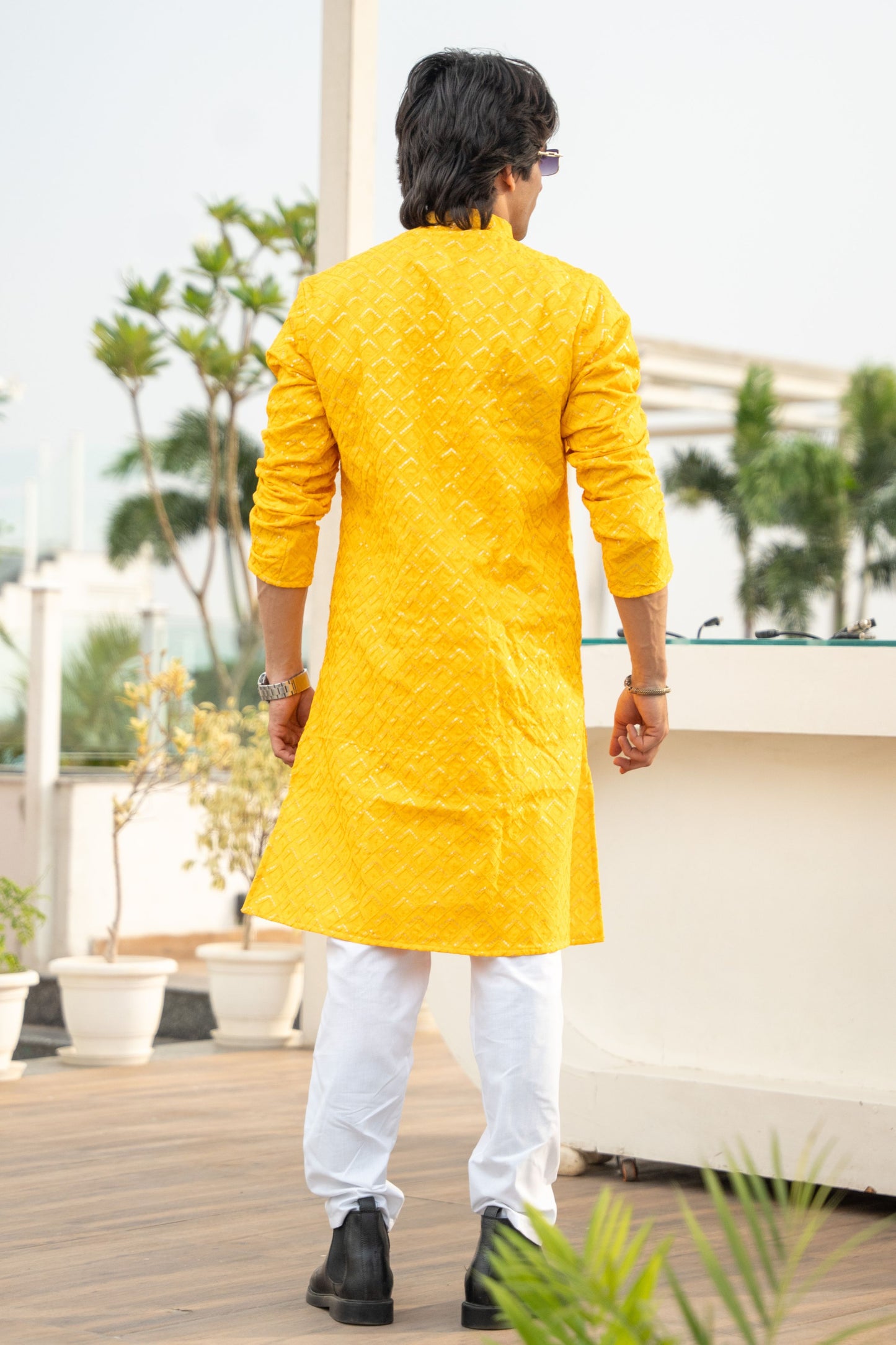 The Yellow Long Kurta With Geometric Embroidery and Sequins Work
