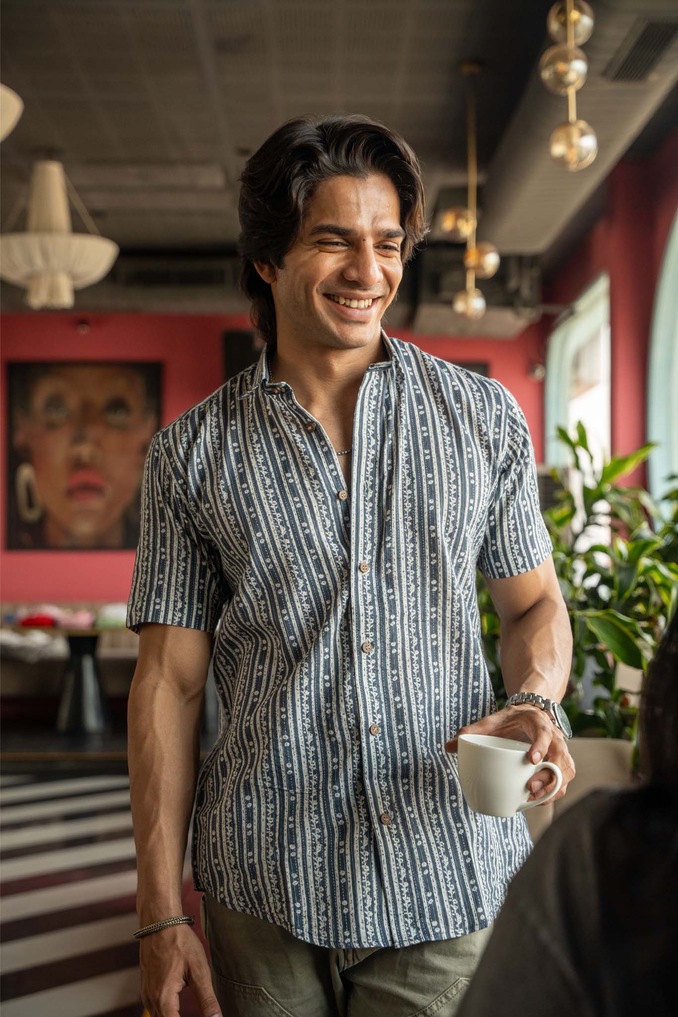 The Greyish Blue And White Half Sleeves Kantha Work Shirt With Tribal Stripe Print
