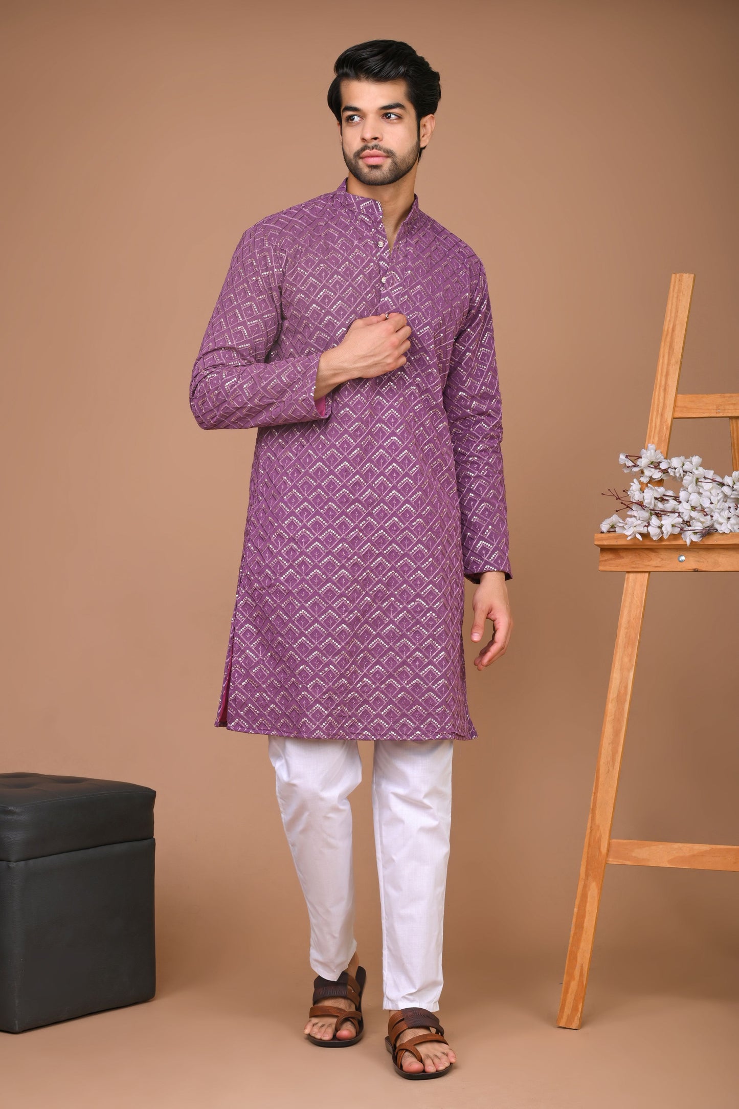 The Purple Long Kurta With Geometric Embroidery and sequins Work
