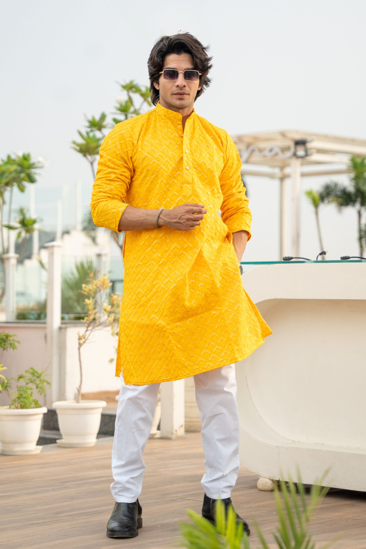 The Yellow Long Kurta With Geometric Embroidery and Sequins Work