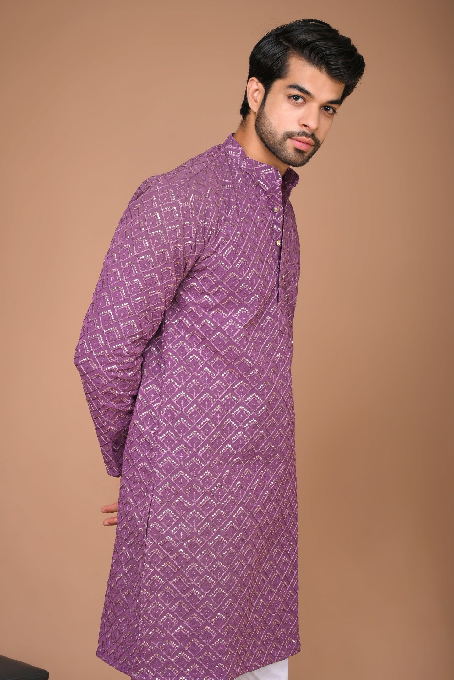 The Purple Long Kurta With Geometric Embroidery and sequins Work