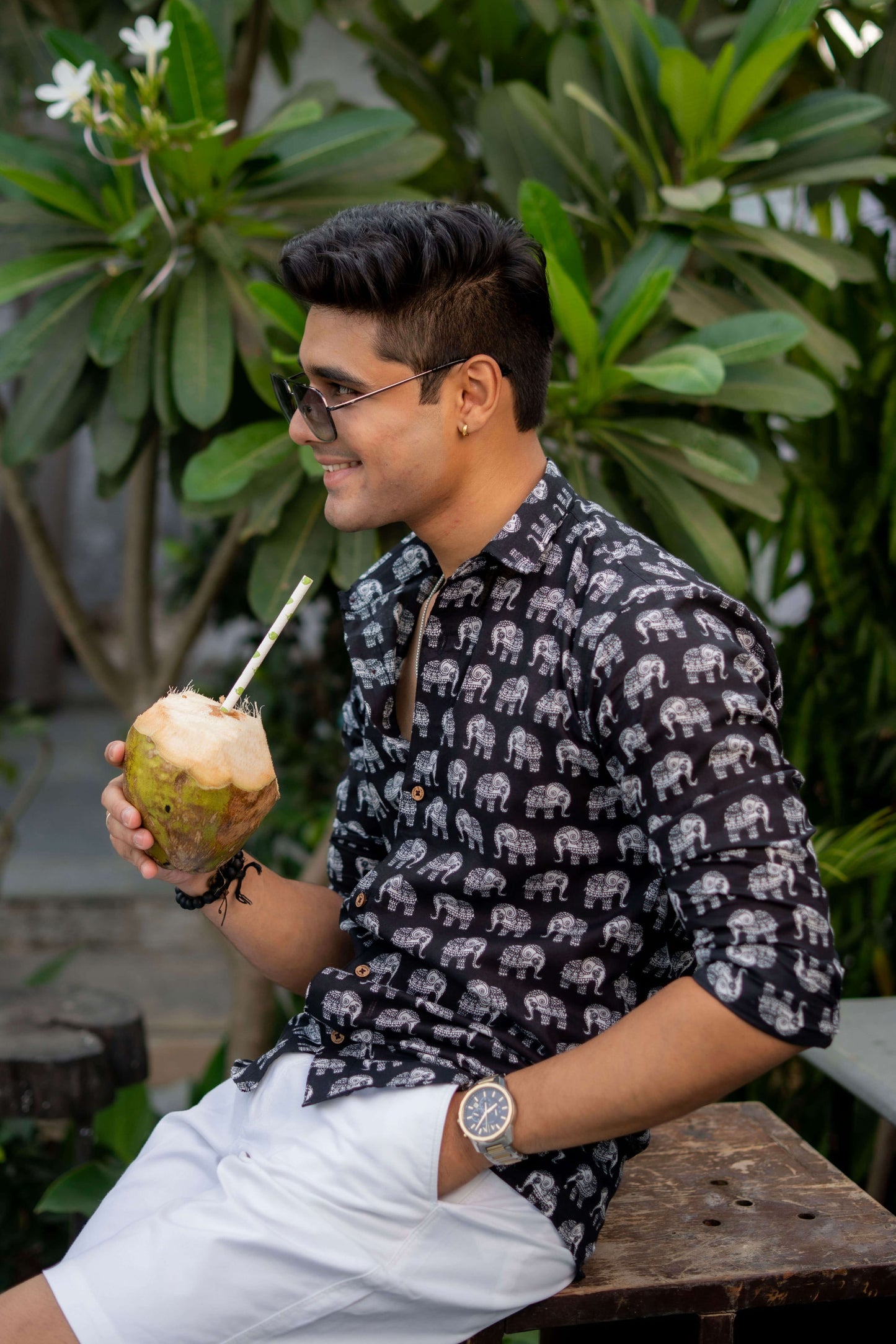 The Black Shirt With White Elephant Print