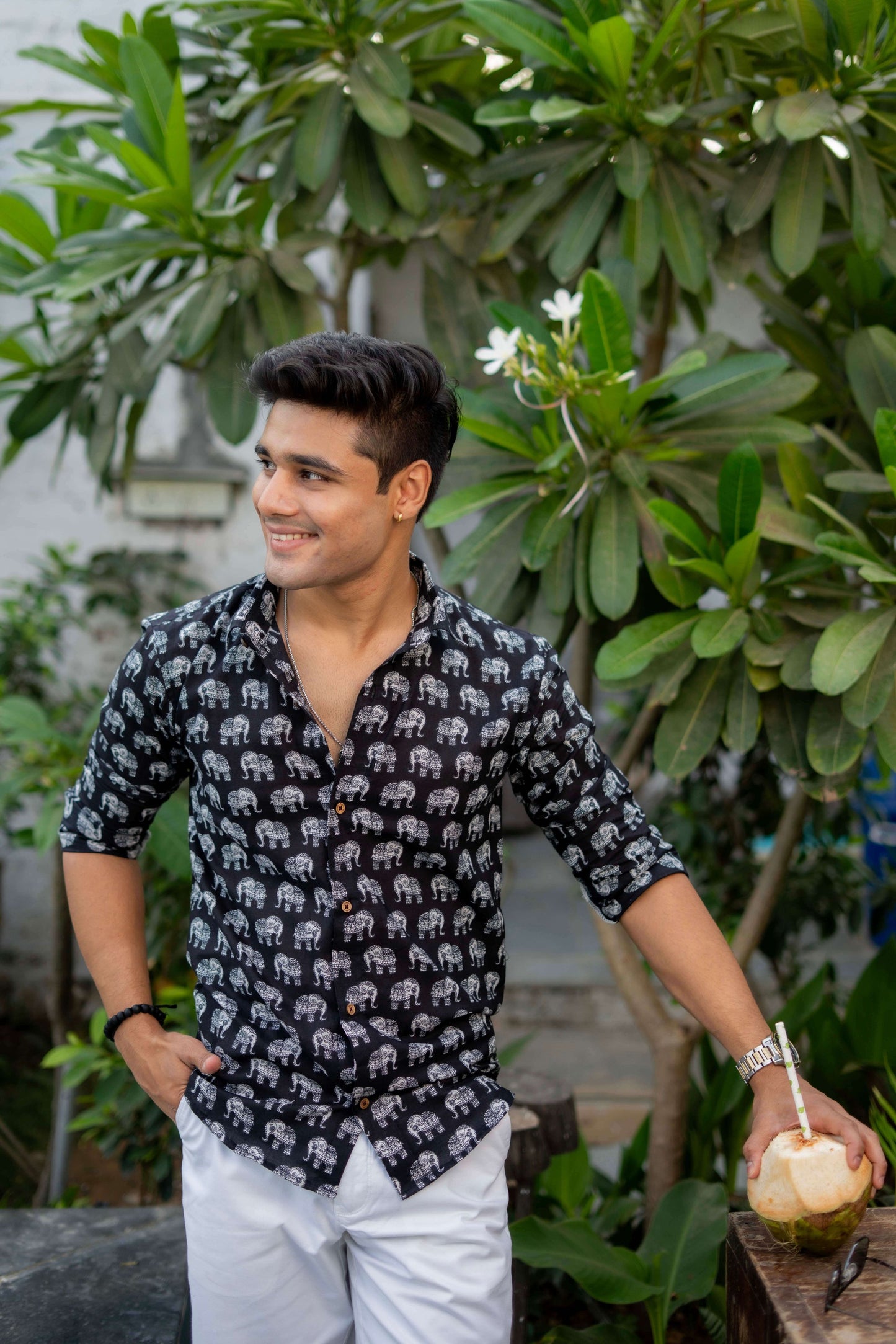 The Black Shirt With White Elephant Print