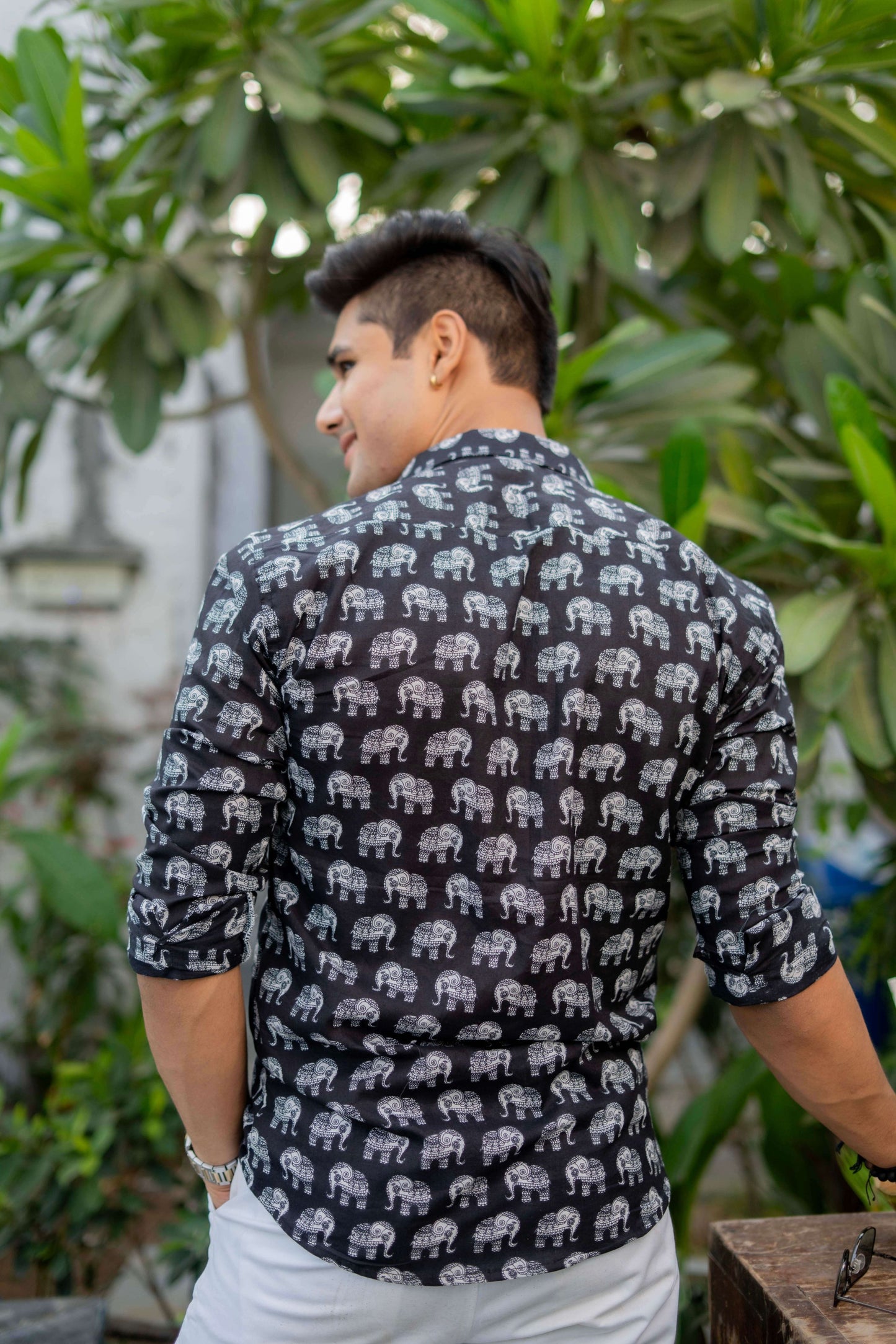 The Black Shirt With White Elephant Print