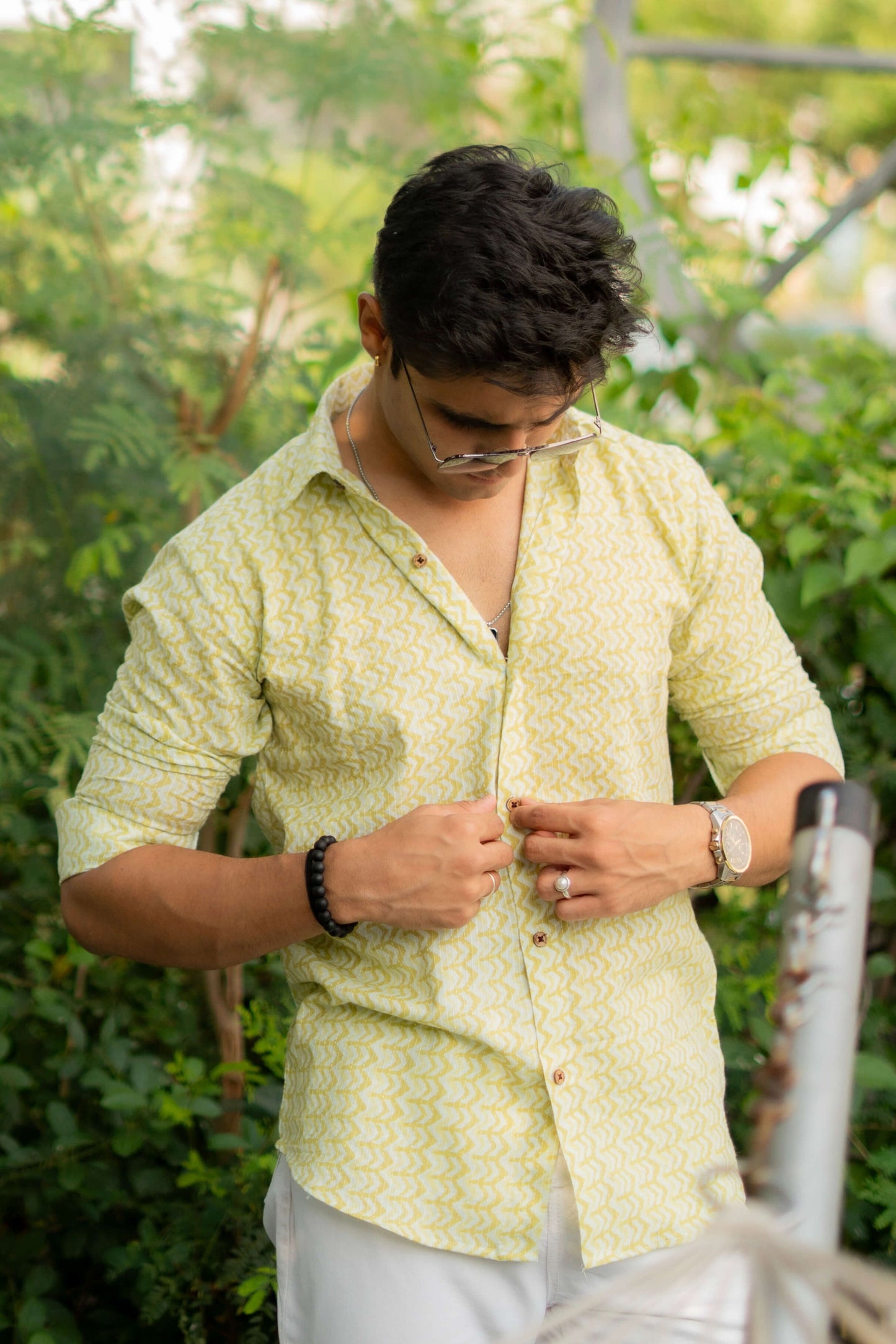 The White Kantha Work Shirt With Volt Green Chevron Print