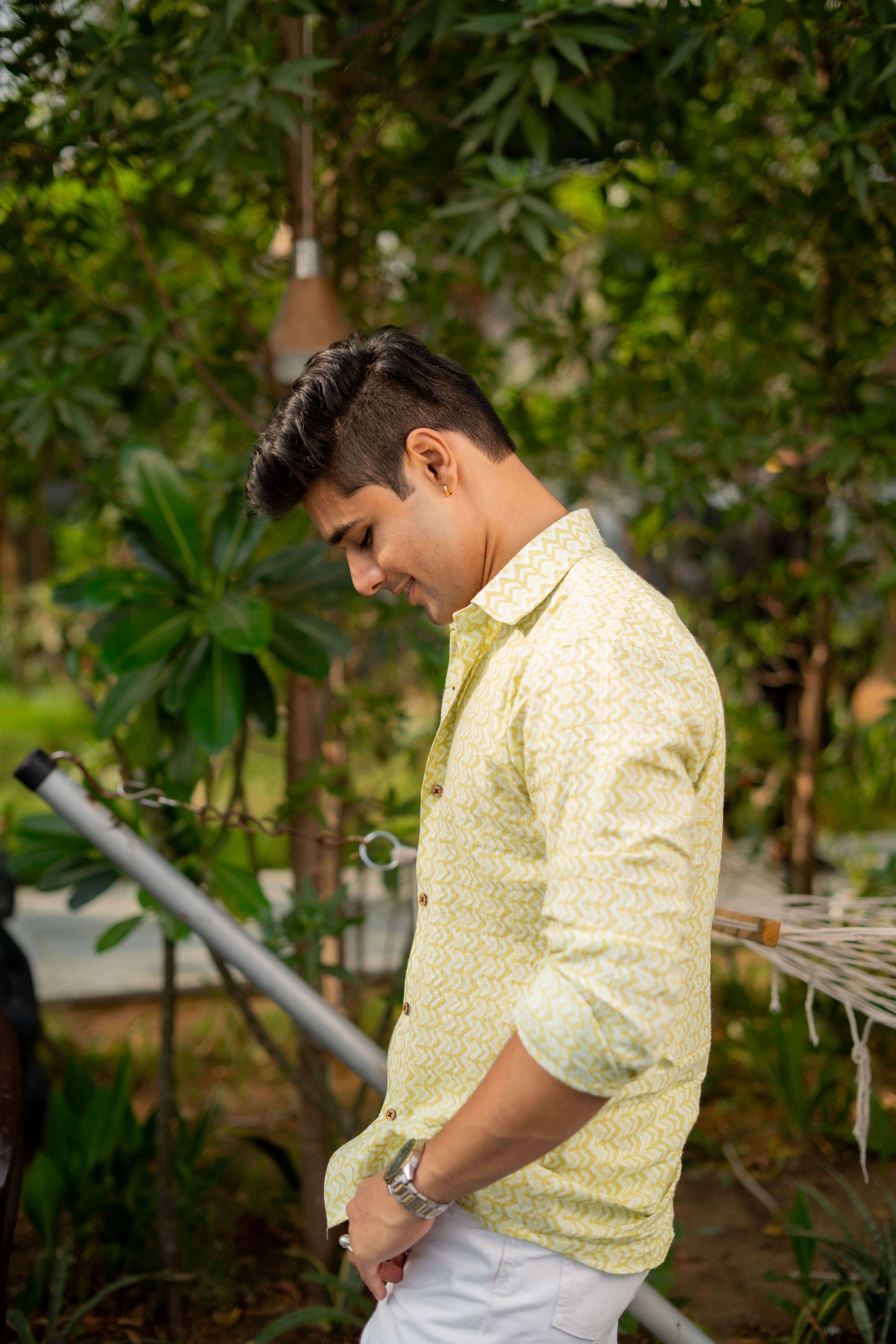 The White Kantha Work Shirt With Volt Green Chevron Print