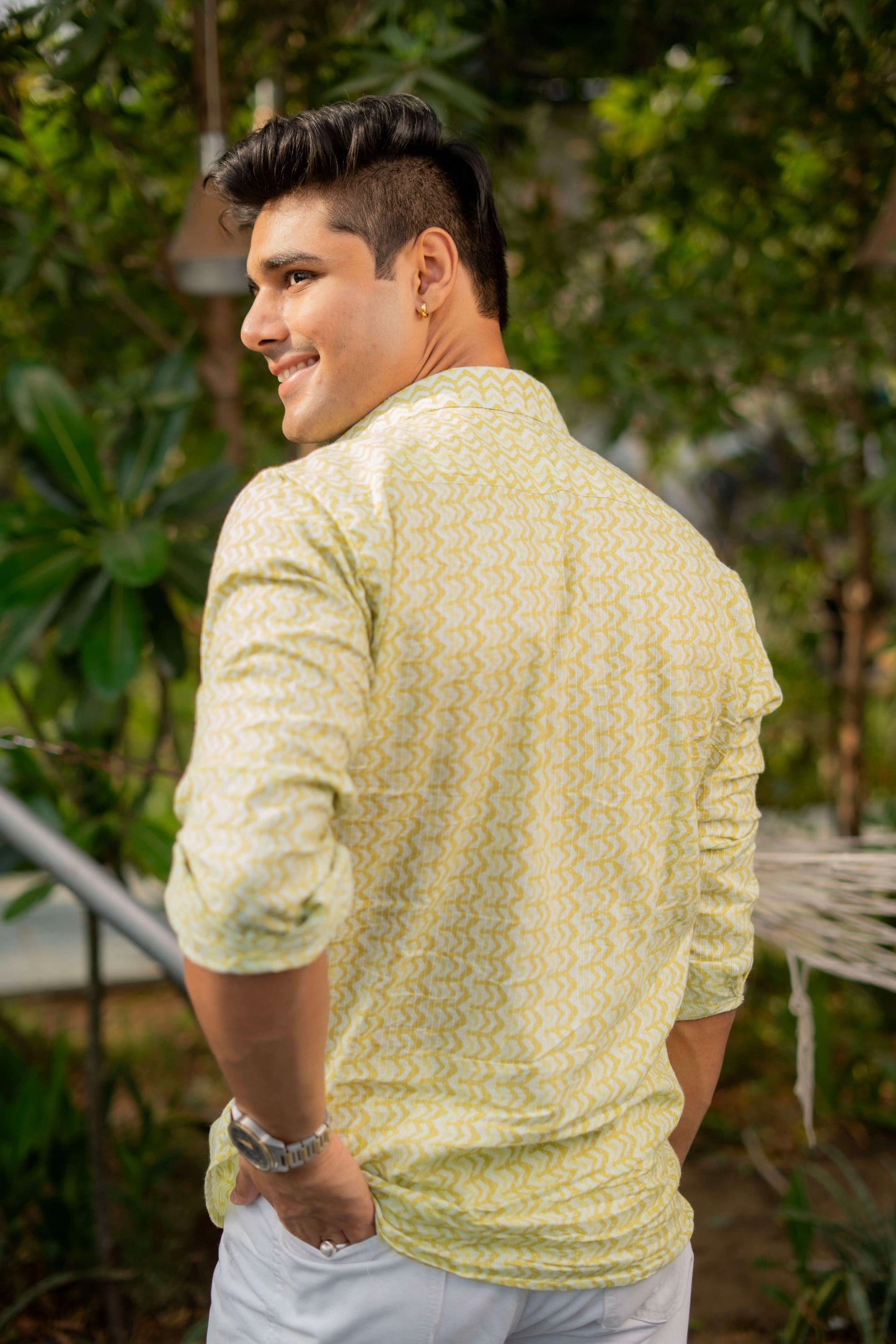 The White Kantha Work Shirt With Volt Green Chevron Print
