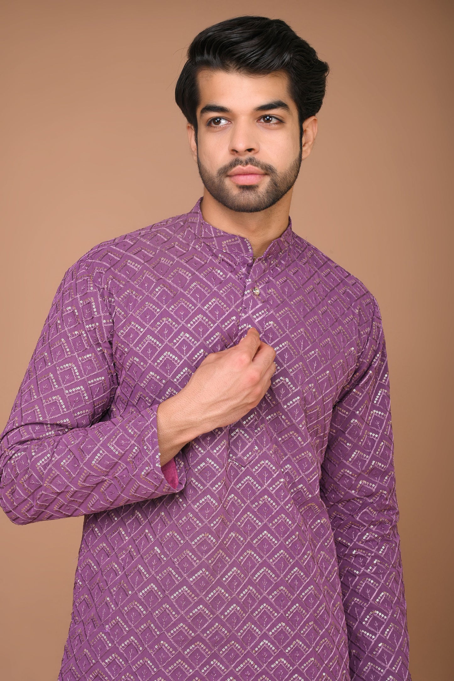 The Purple Long Kurta With Geometric Embroidery and sequins Work