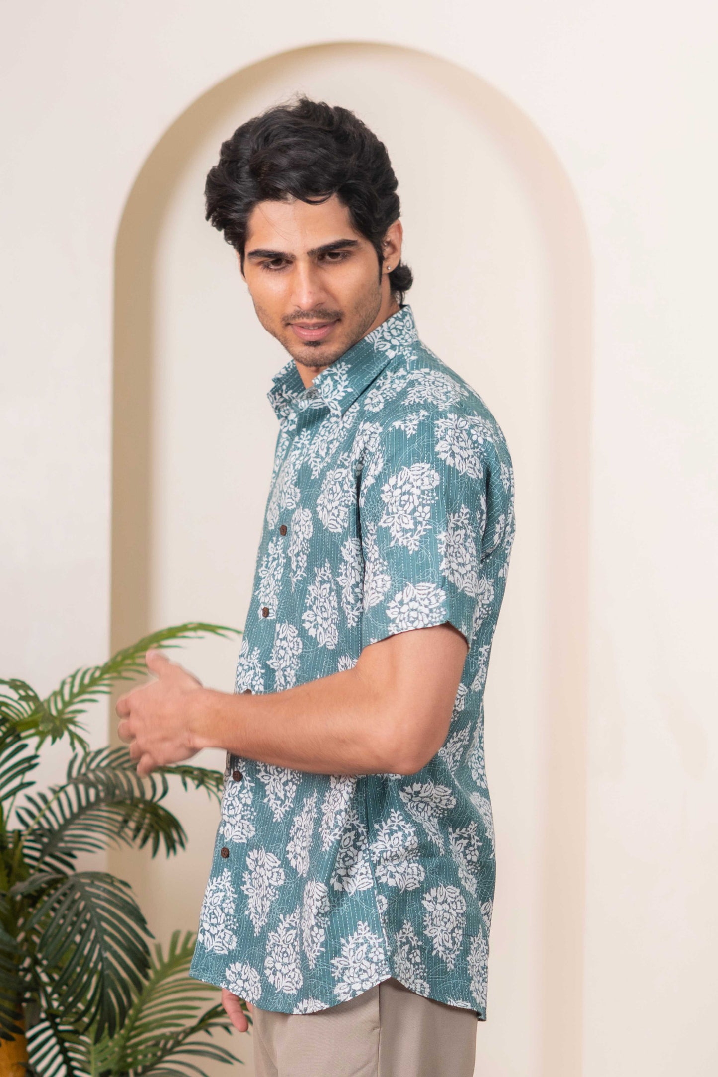 The Mineral Green Half Sleeves Kantha Work Shirt With White Floral Print