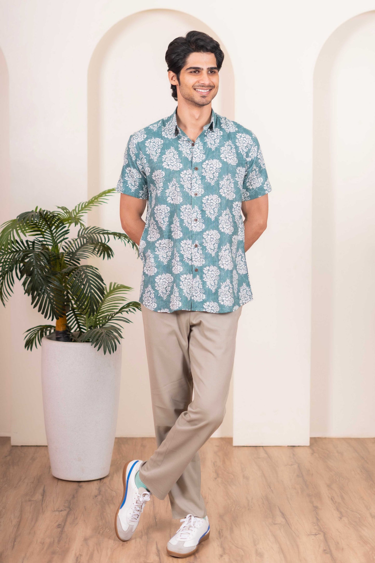 The Mineral Green Half Sleeves Kantha Work Shirt With White Floral Print