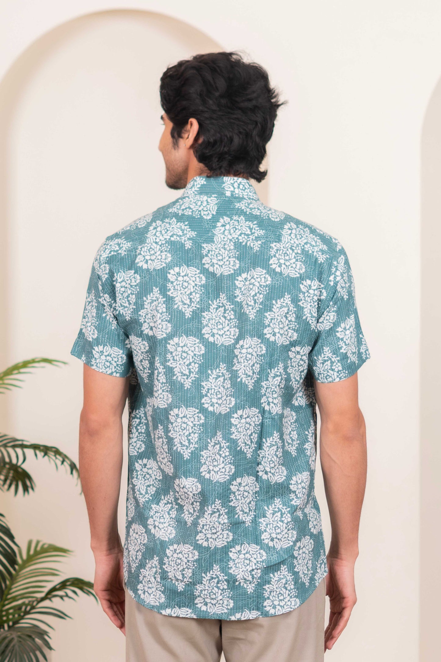 The Mineral Green Half Sleeves Kantha Work Shirt With White Floral Print