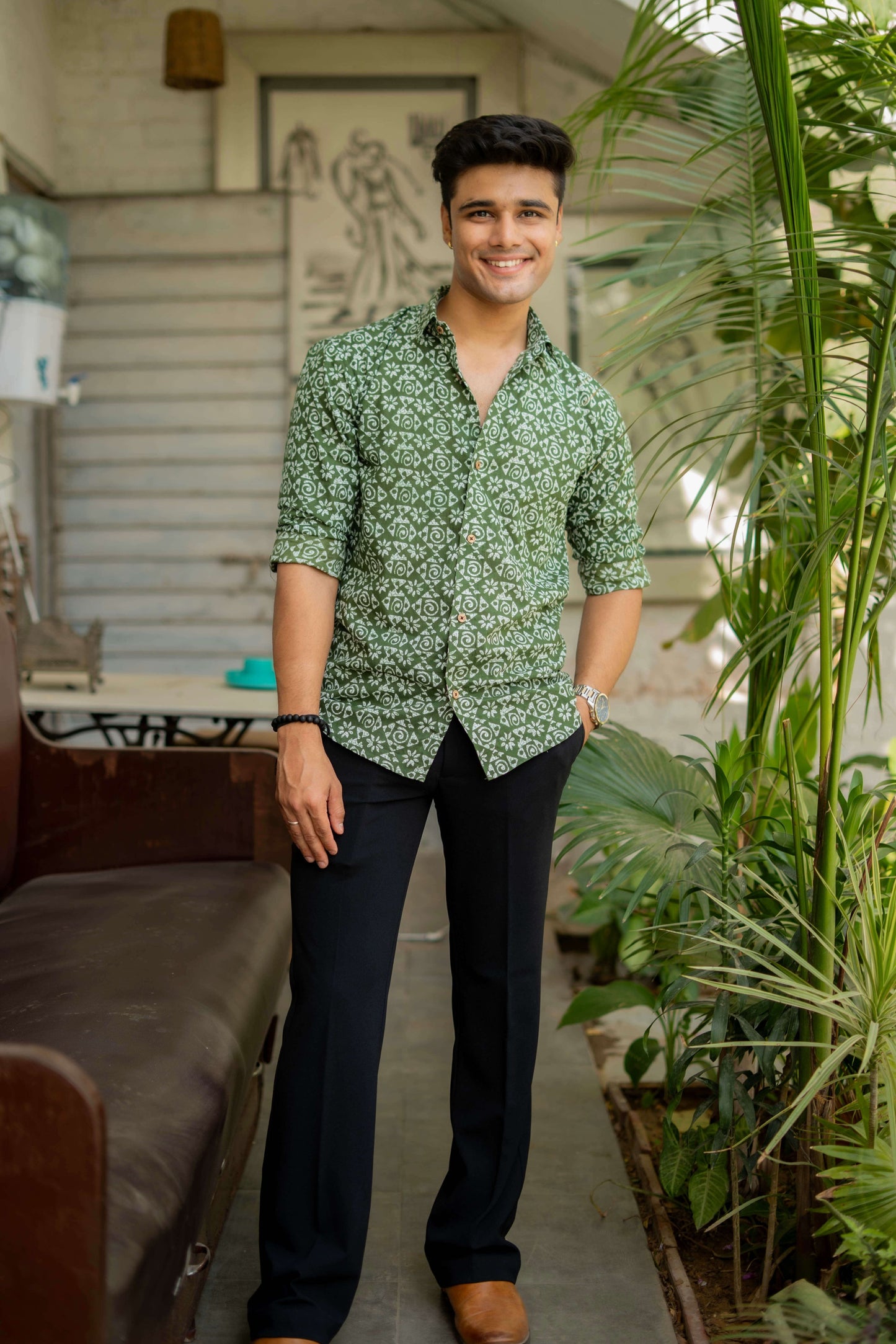 The Pistachio Green Shirt with Tribal Print