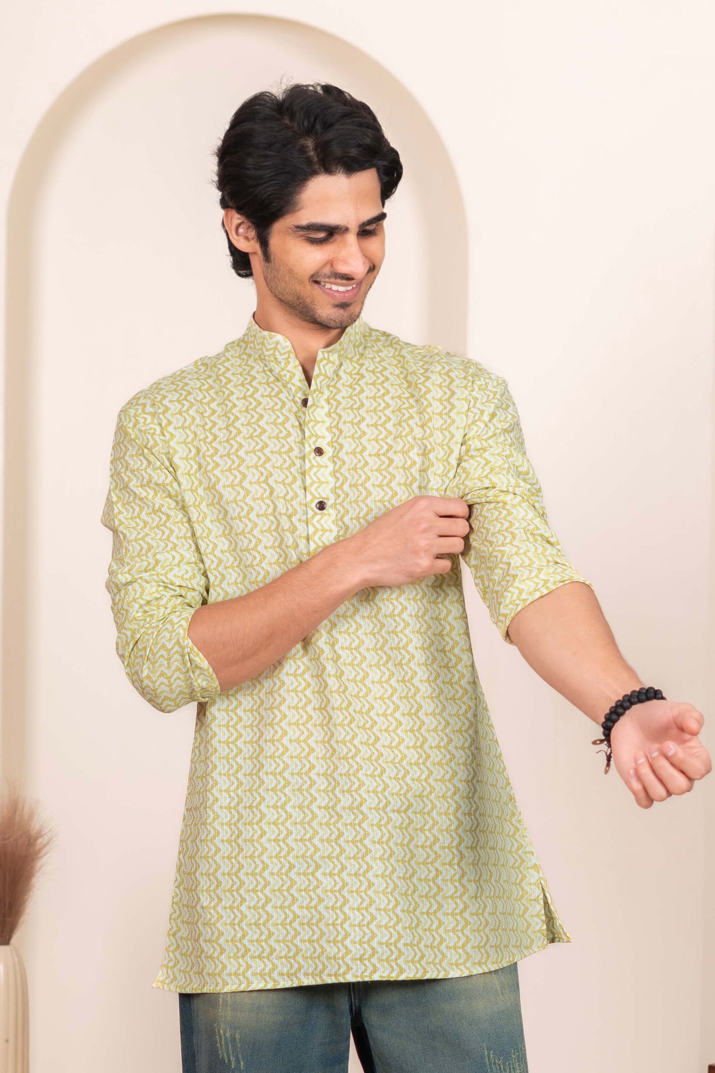 The White Kantha Work Short Kurta with Volt Green Chevron Print