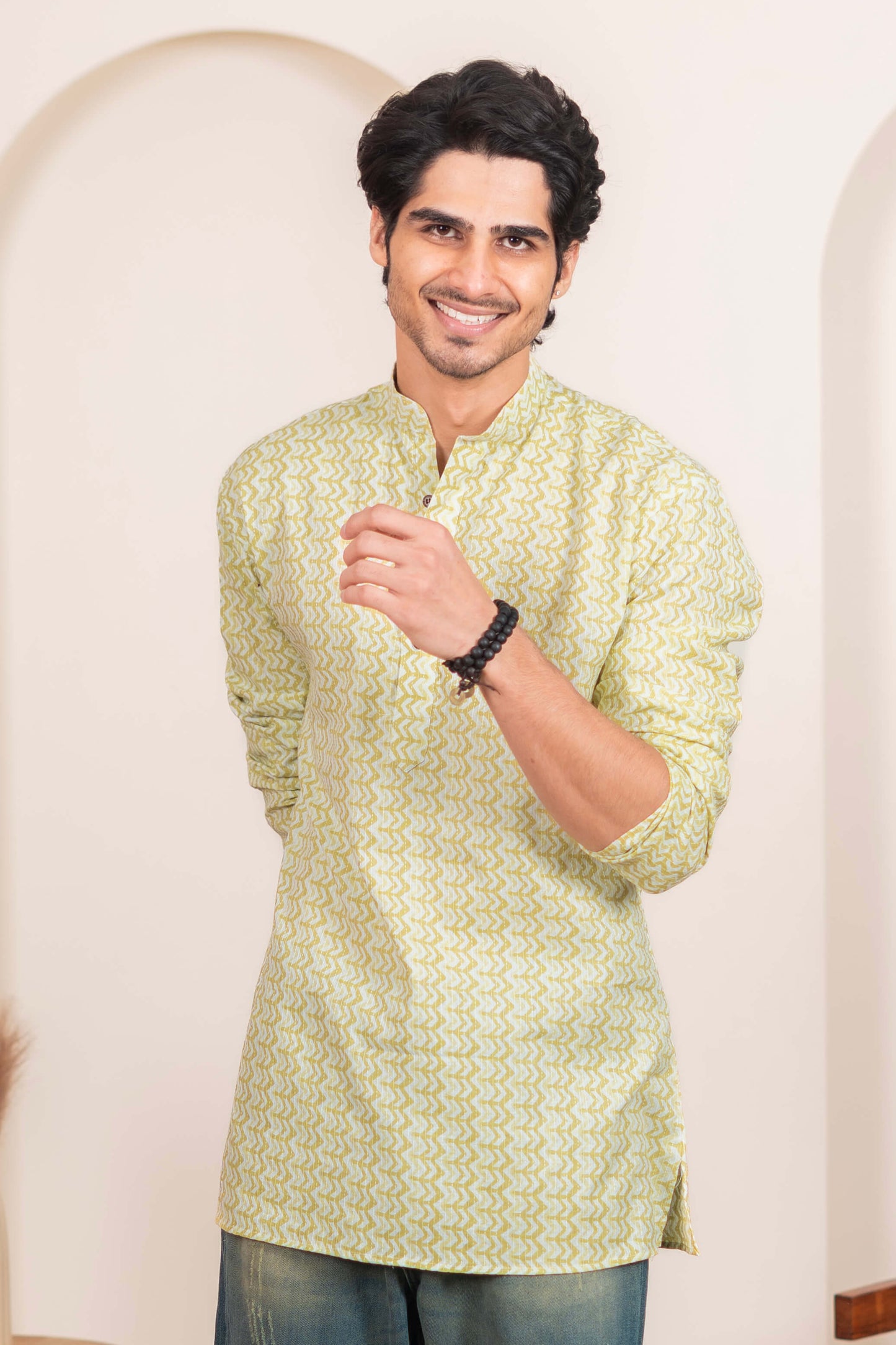 The White Kantha Work Short Kurta with Volt Green Chevron Print