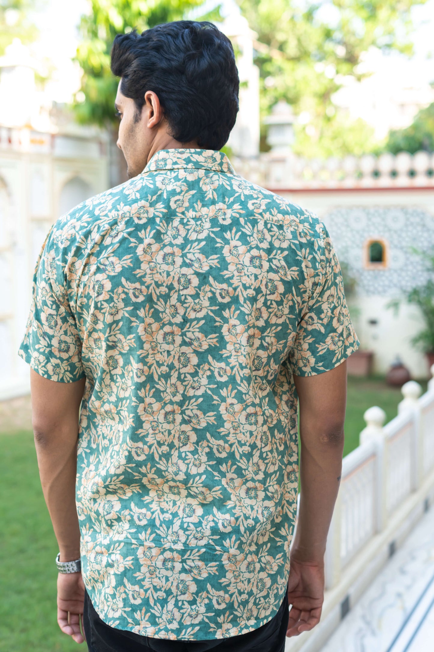 The Ocean Green And Cream All-Over Floral Print Half Sleeves Shirt