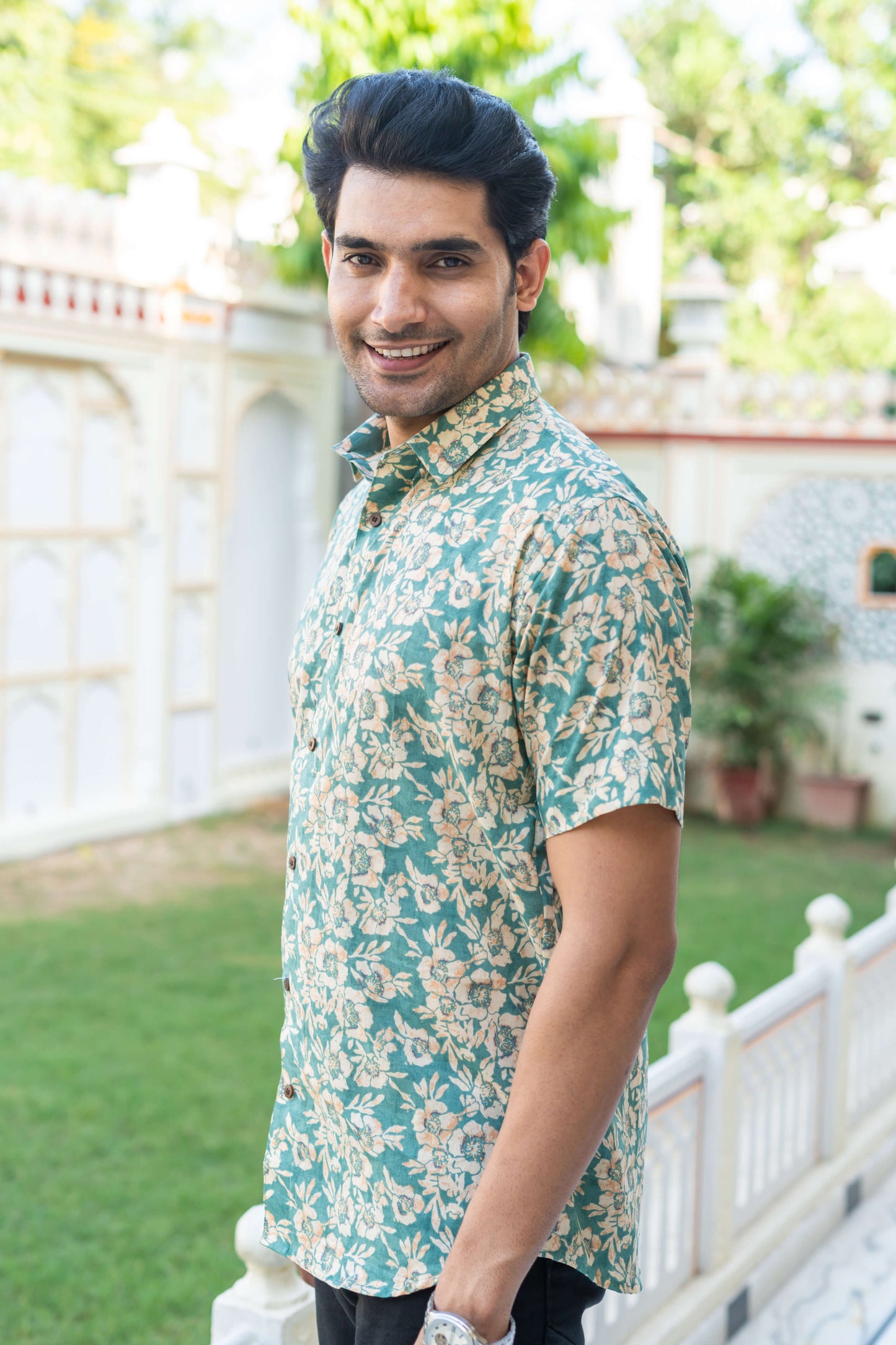 The Ocean Green And Cream All-Over Floral Print Half Sleeves Shirt