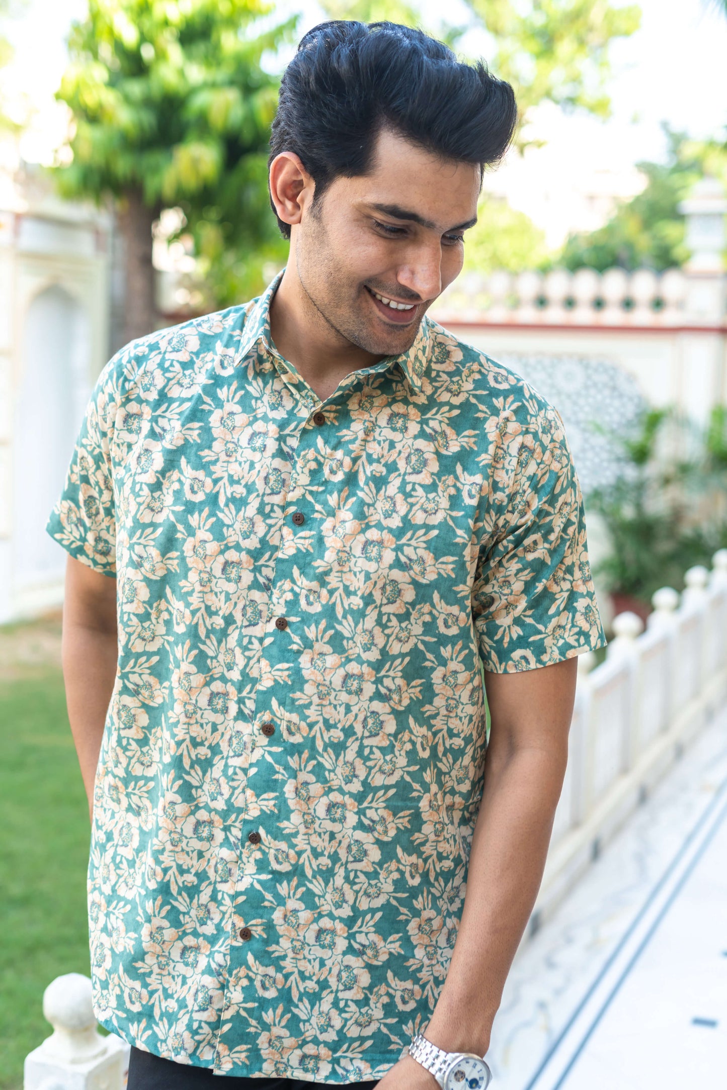 The Ocean Green And Cream All-Over Floral Print Half Sleeves Shirt