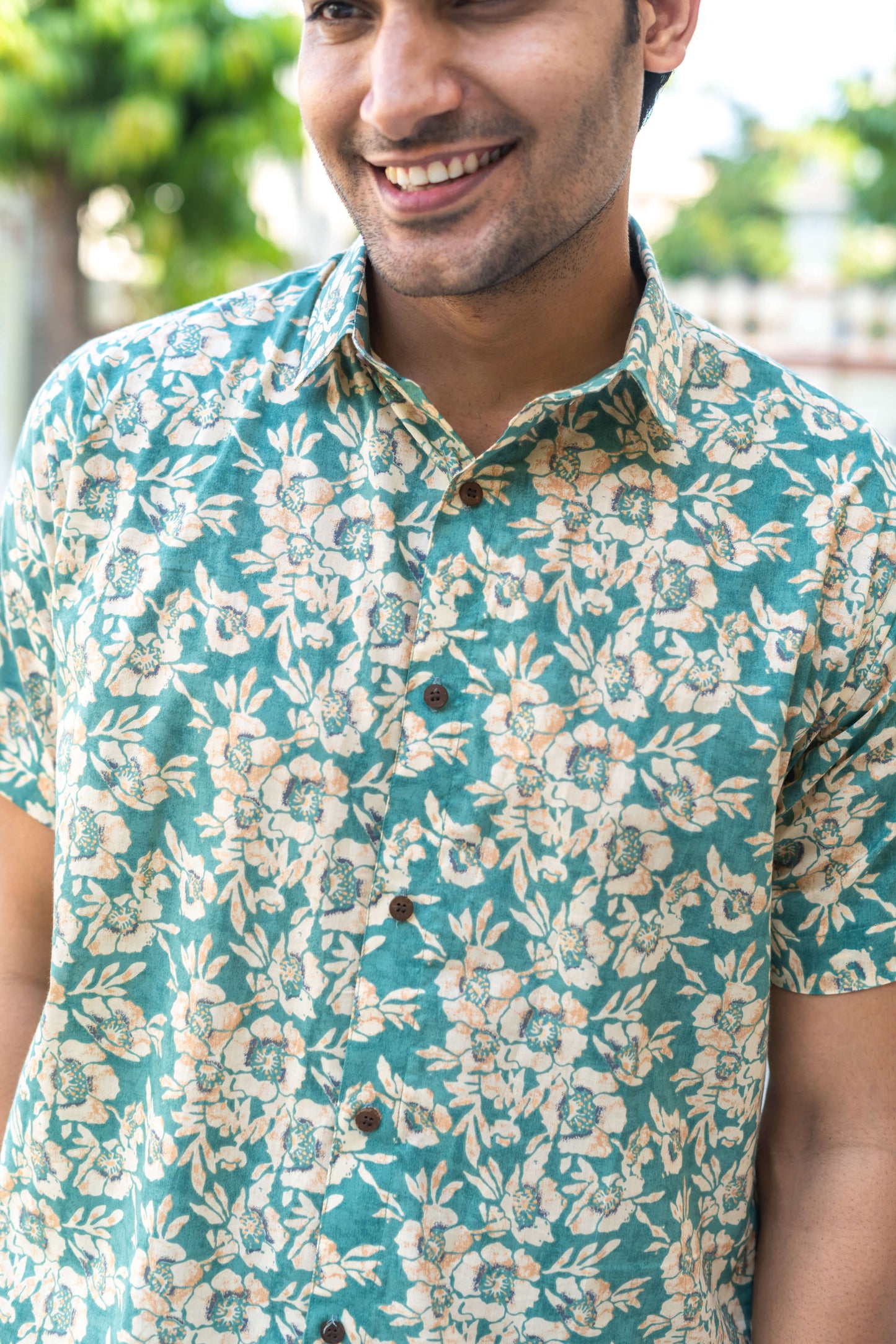 The Ocean Green And Cream All-Over Floral Print Half Sleeves Shirt