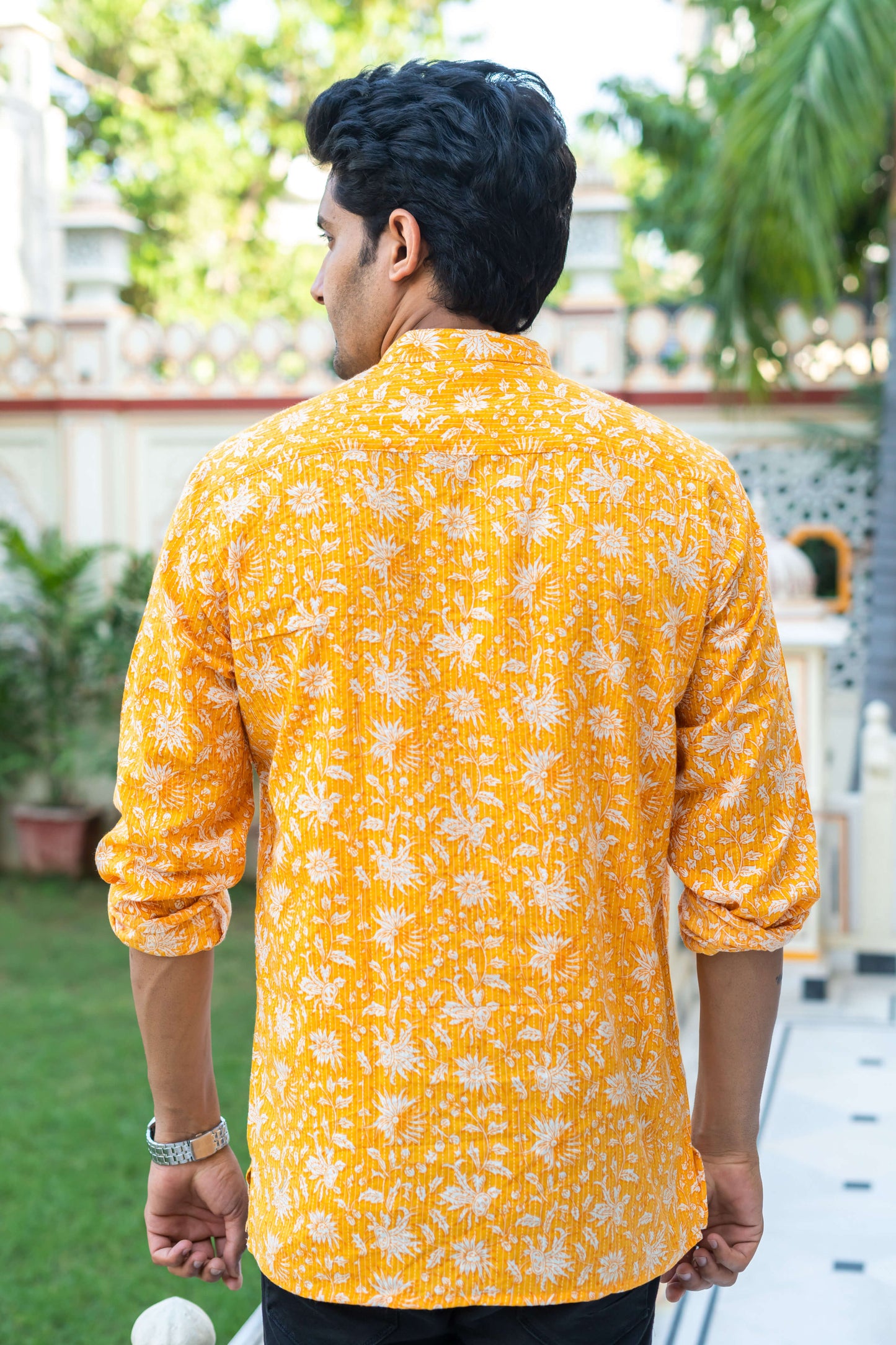 The Yellow Kantha Work Short Kurta With All-Over Floral Print