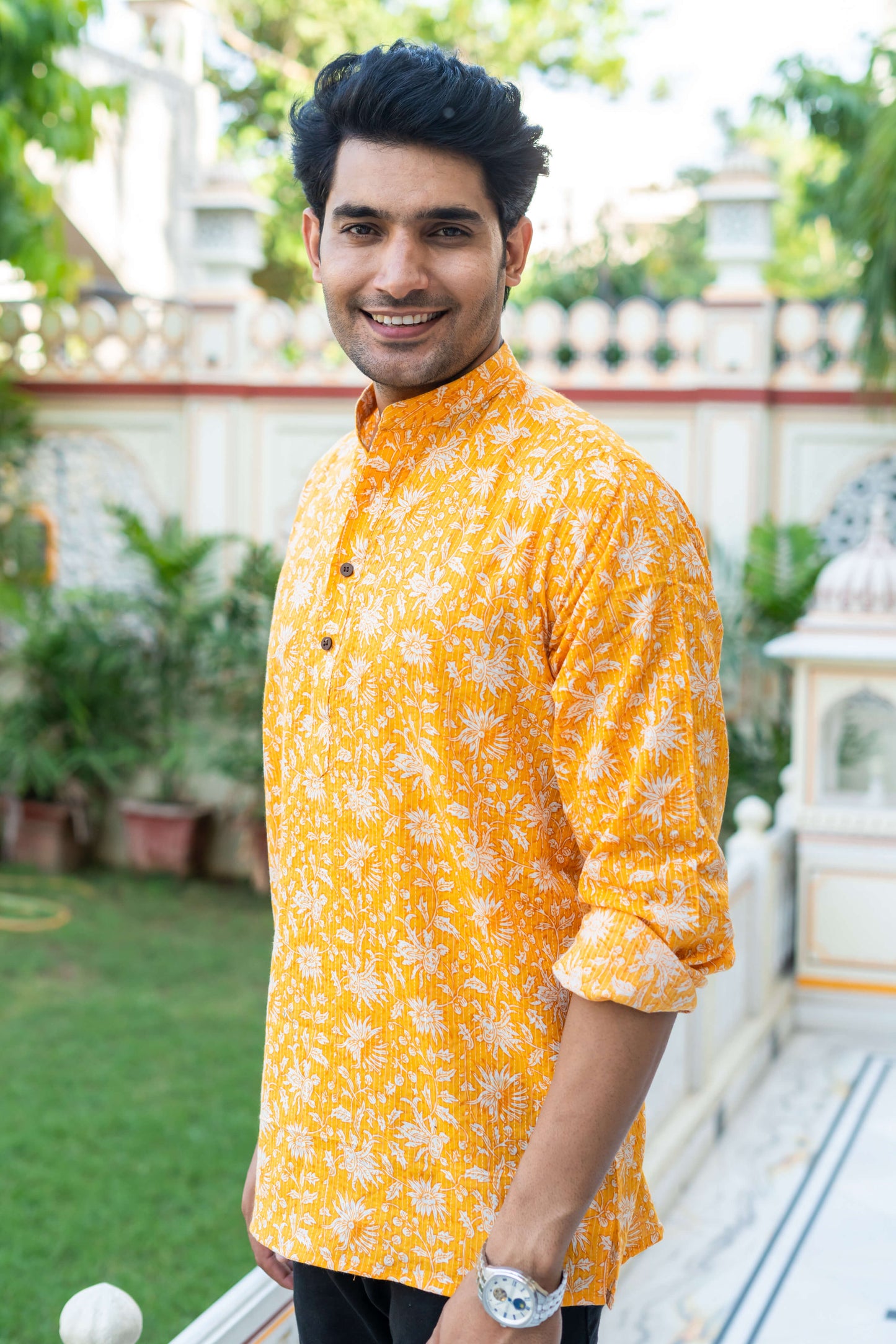 The Yellow Kantha Work Short Kurta With All-Over Floral Print