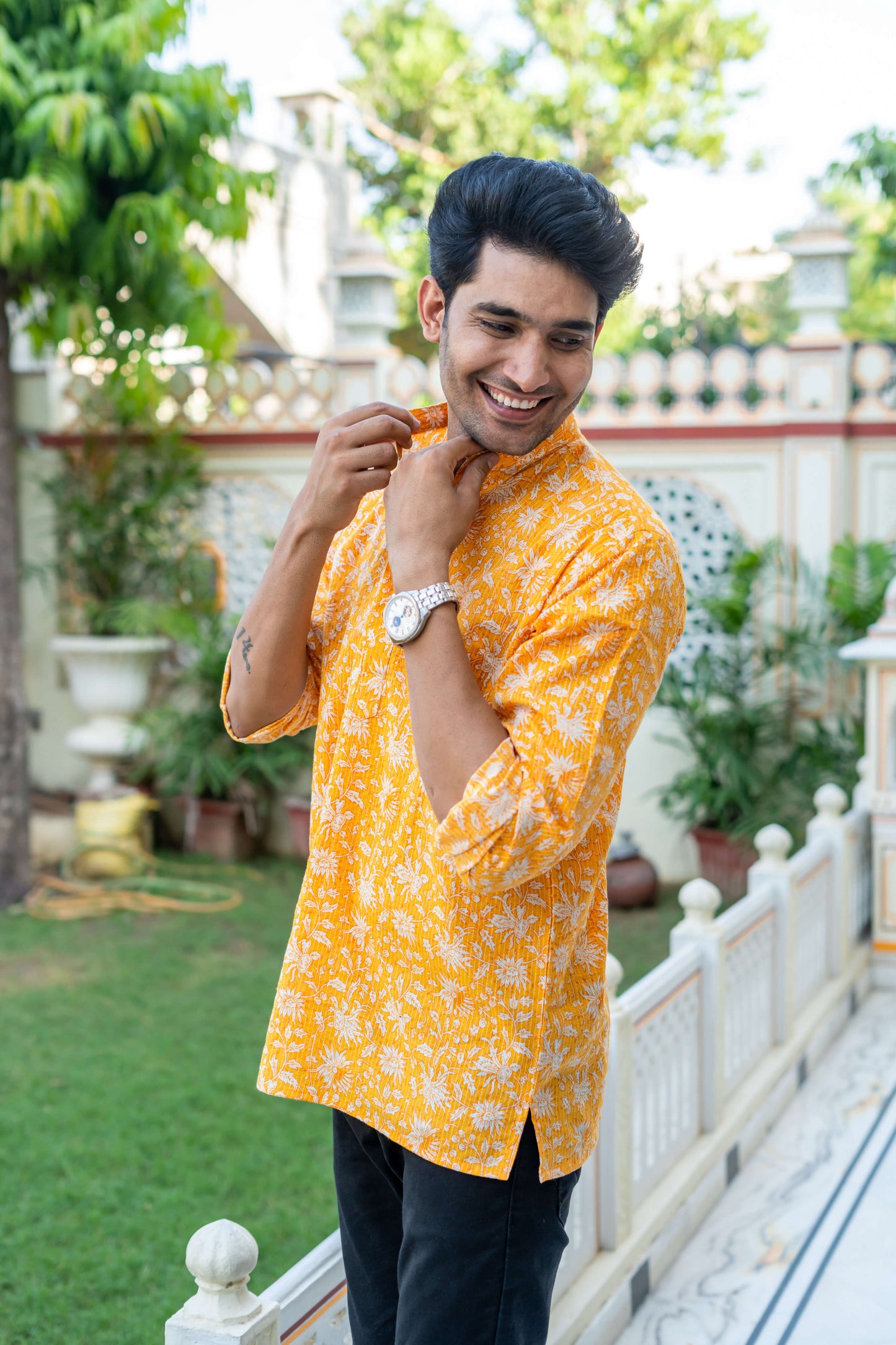 The Yellow Kantha Work Short Kurta With All-Over Floral Print