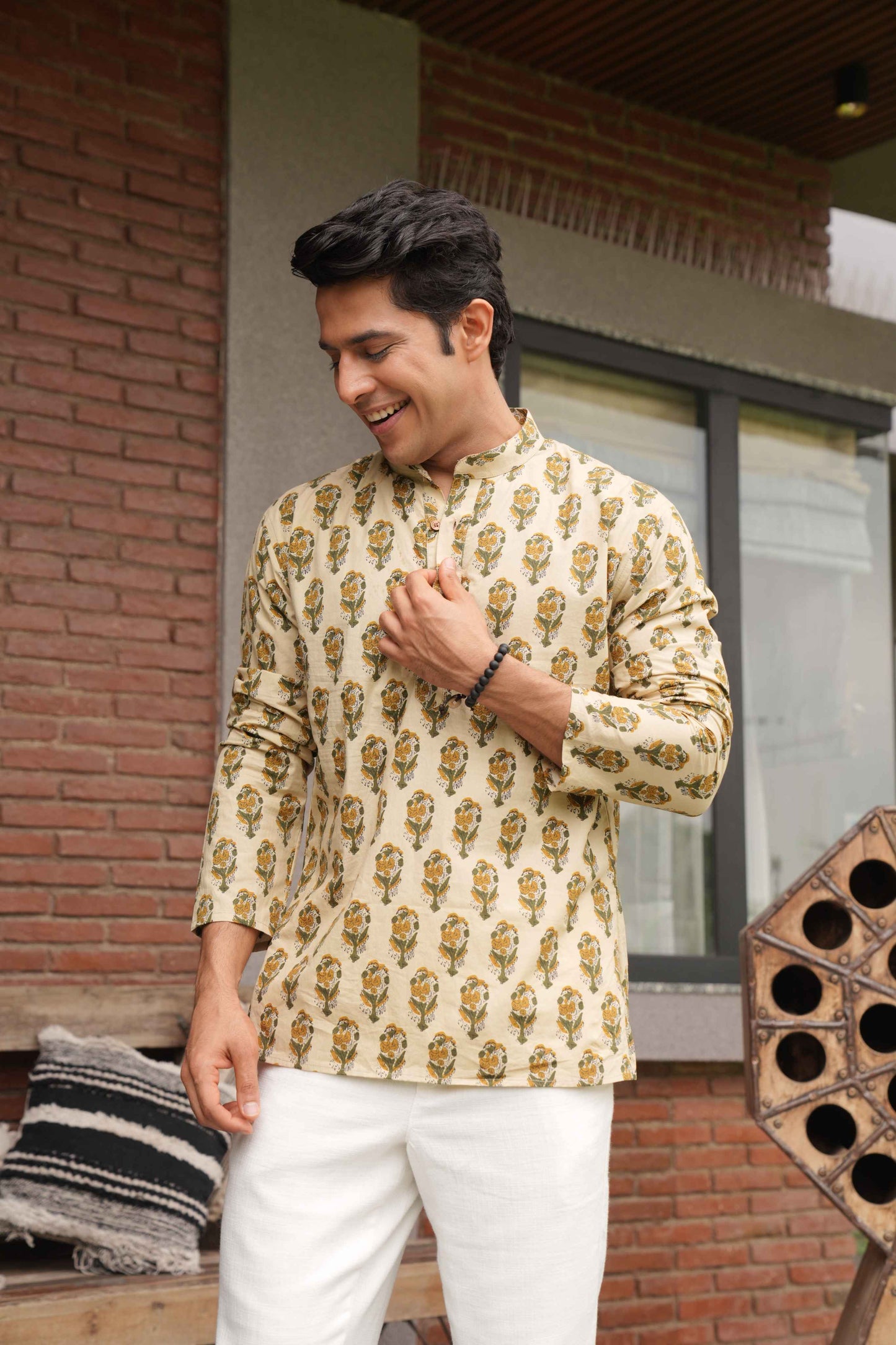 The Beige Color Short Kurta With Mughal Print
