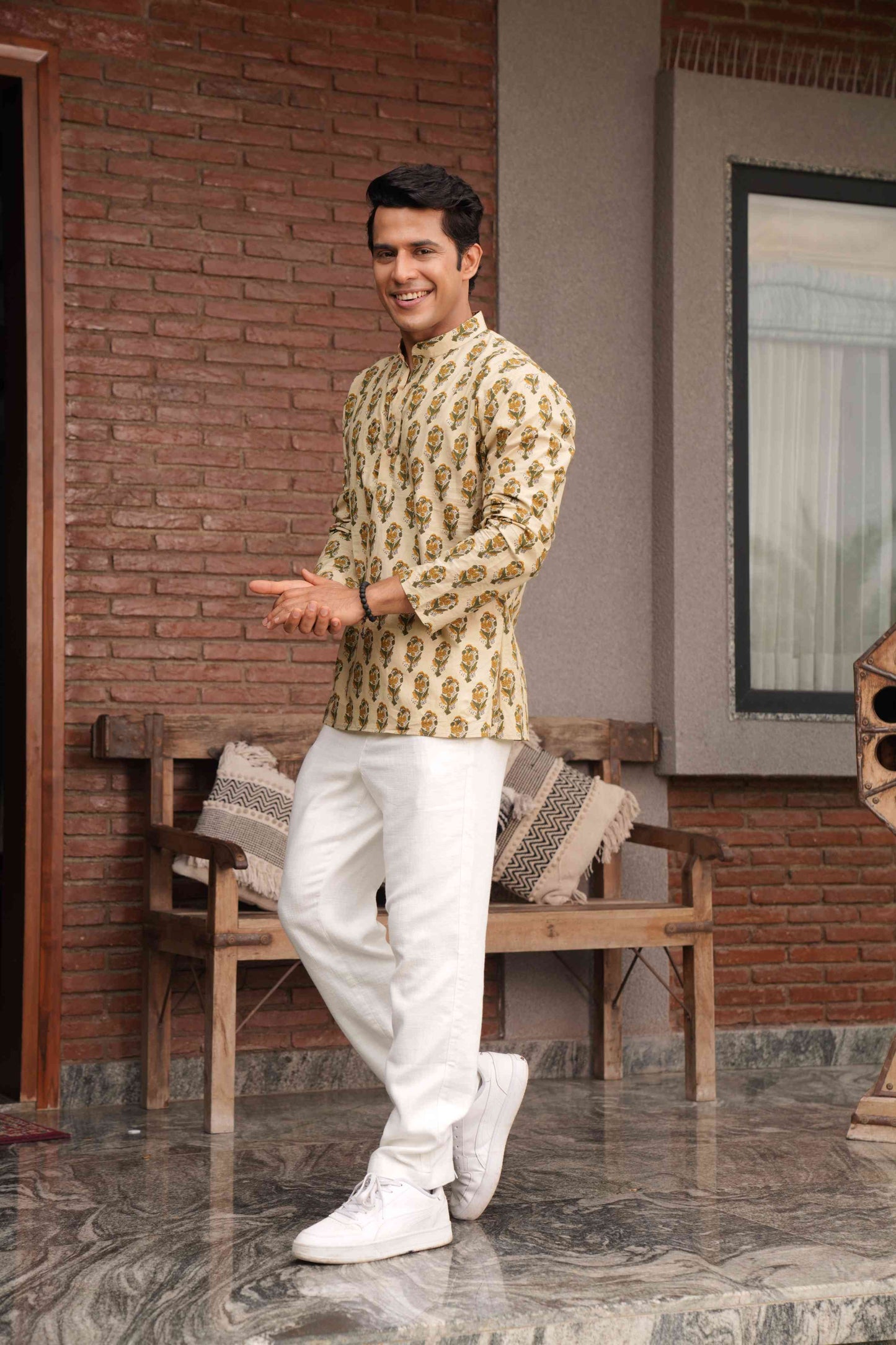 The Beige Color Short Kurta With Mughal Print