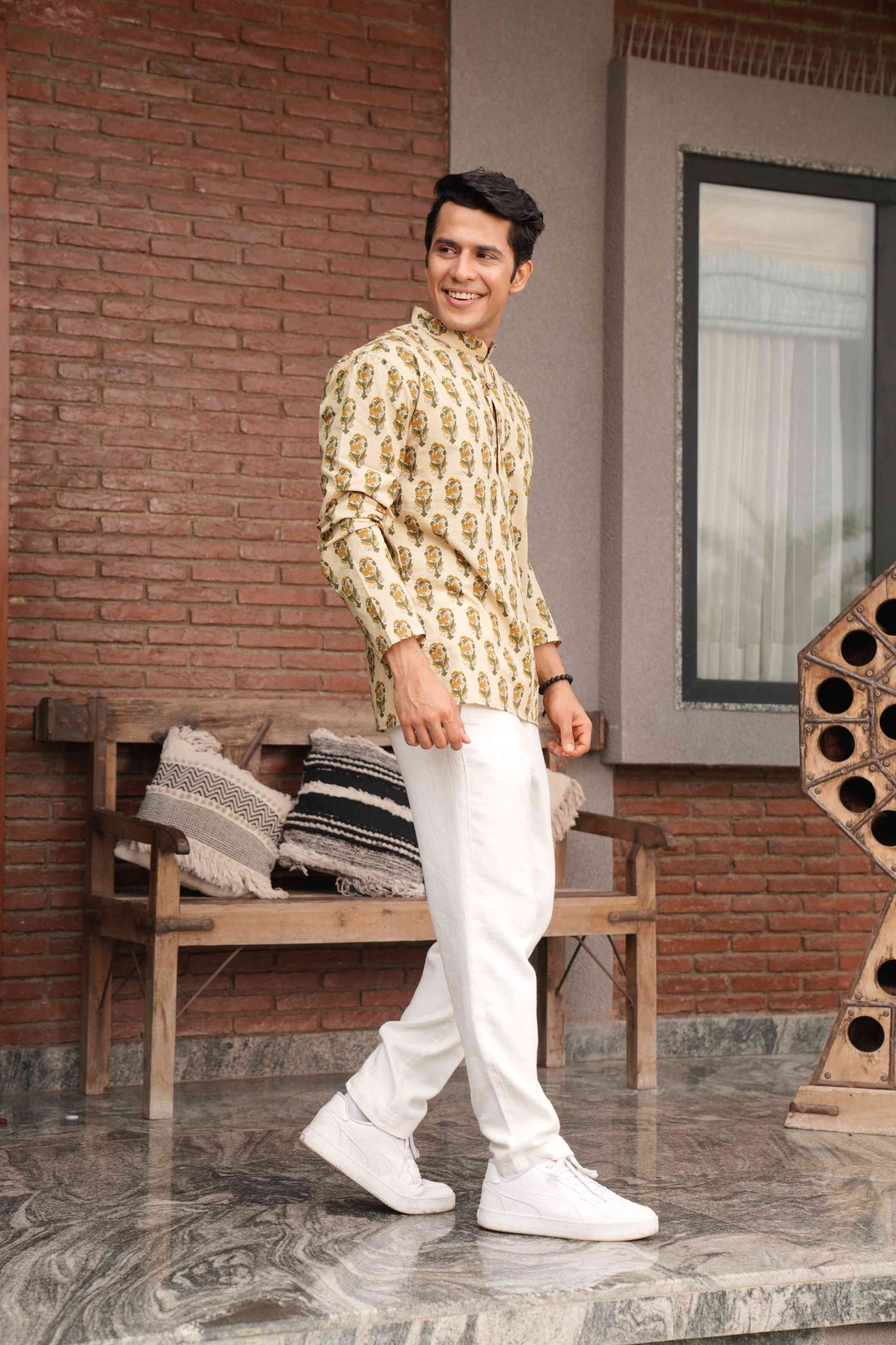 The Beige Color Short Kurta With Mughal Print