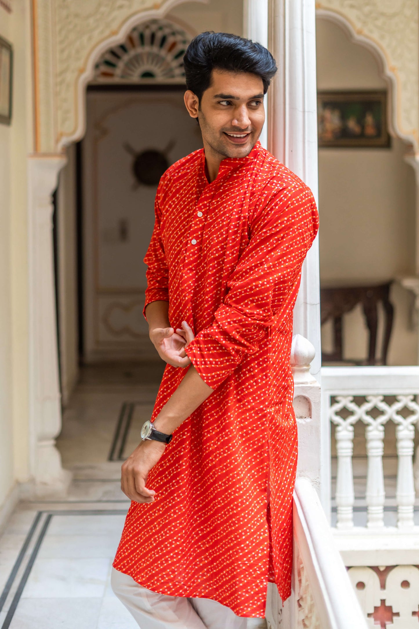 The Bright Red And Orange Leheriya Foil Print Long Kurta