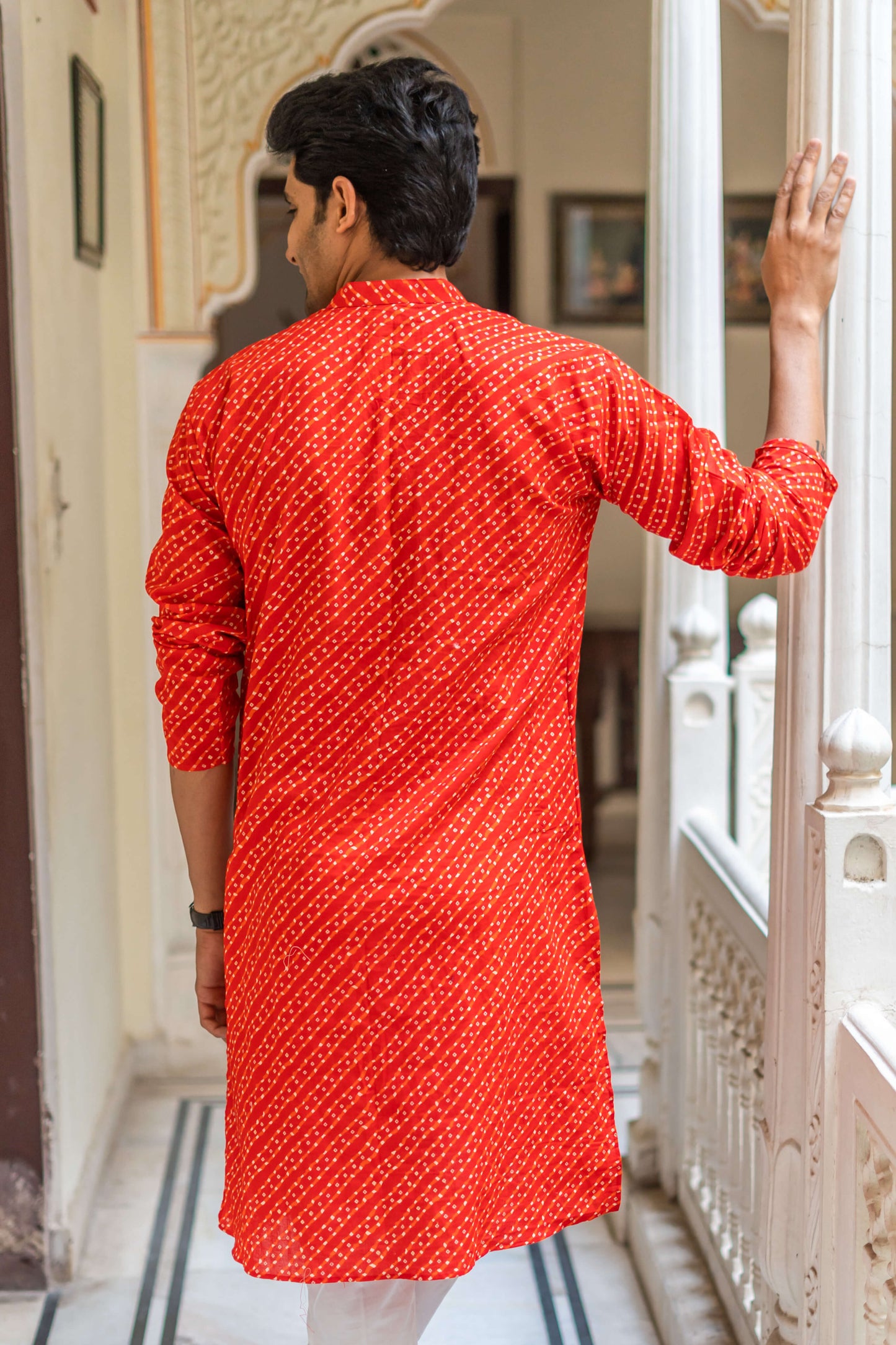 The Bright Red And Orange Leheriya Foil Print Long Kurta