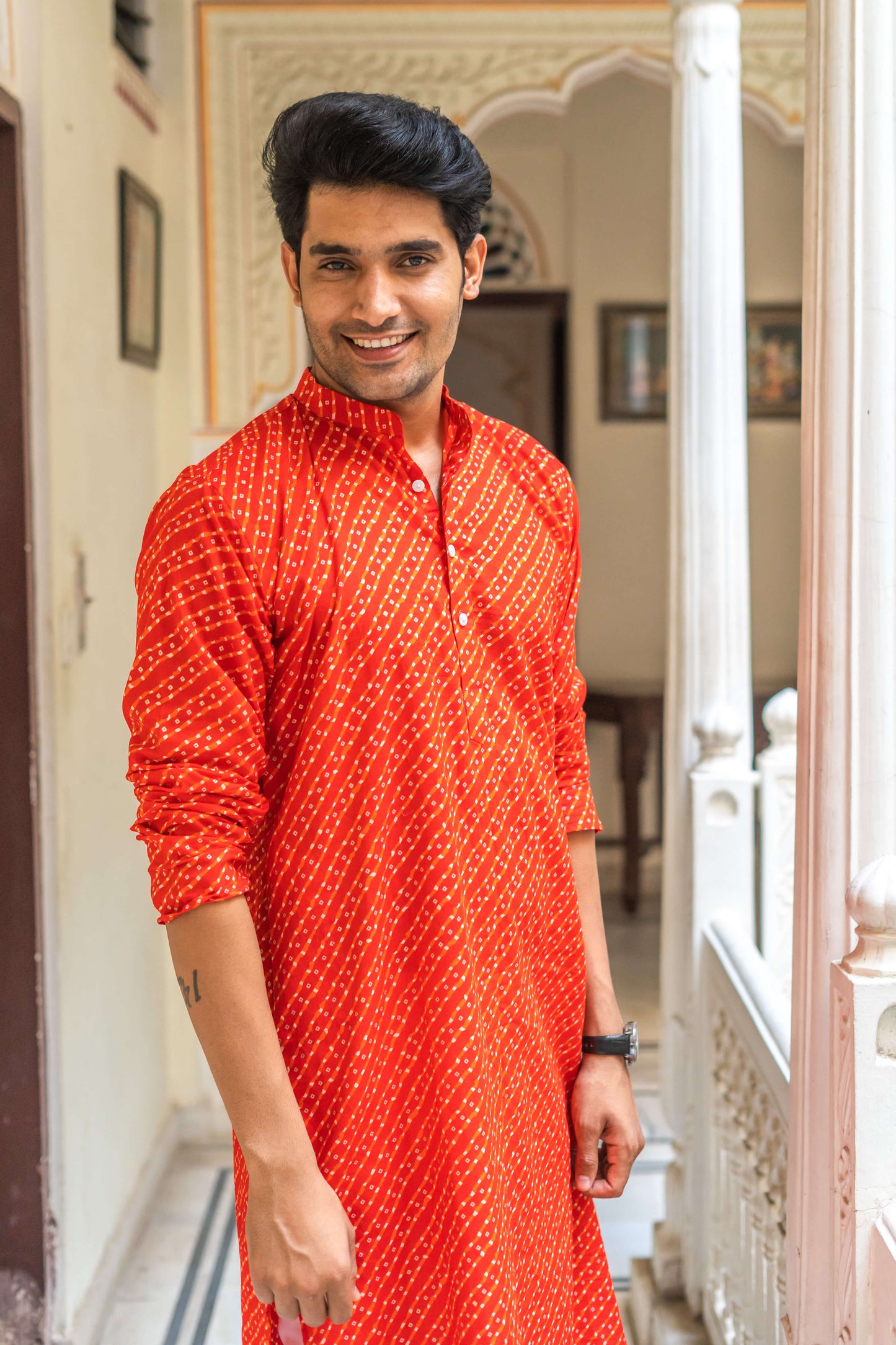 The Bright Red And Orange Leheriya Foil Print Long Kurta