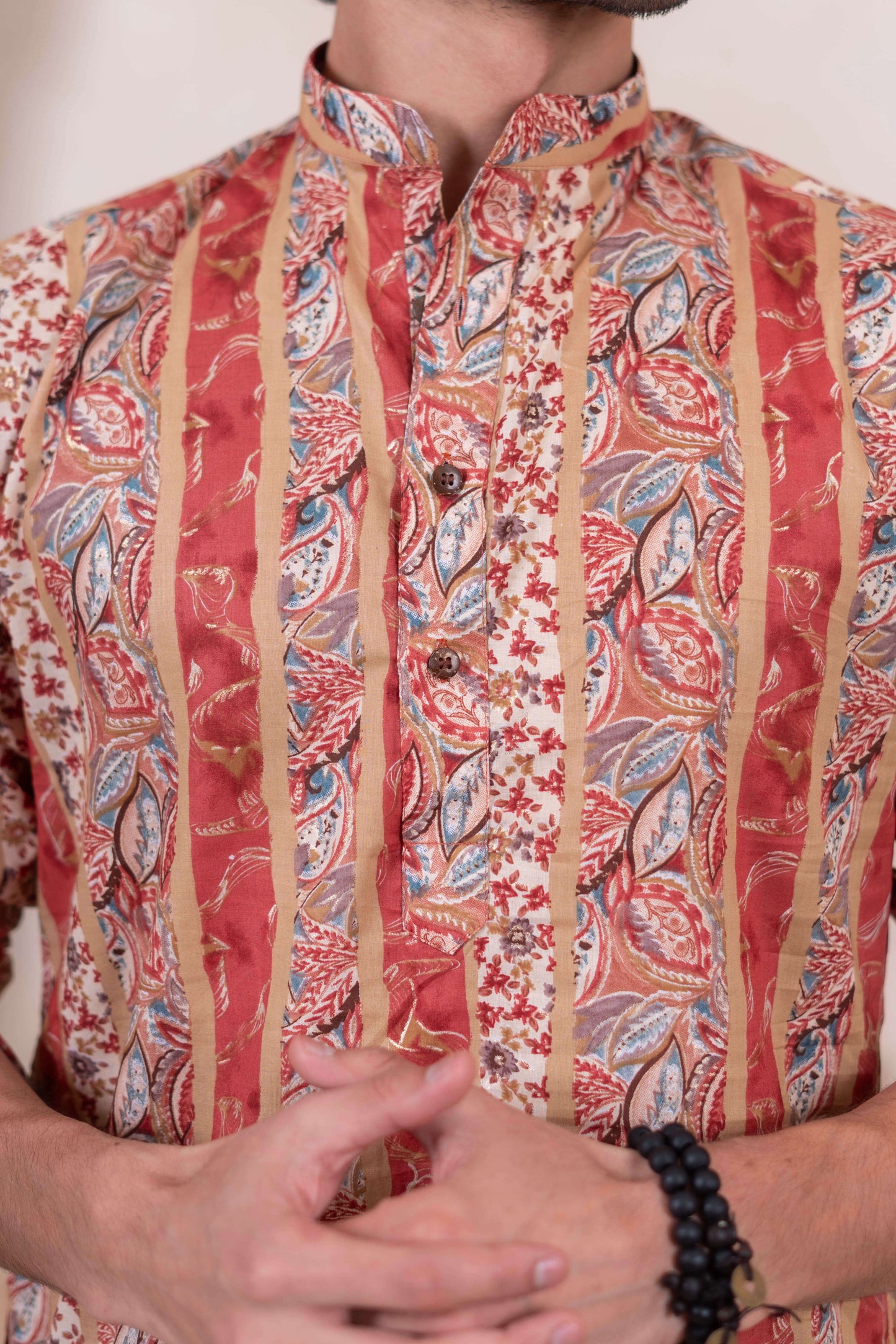 The Multicolor Foil Print Long Kurta With Pink Stripe and Floral Print