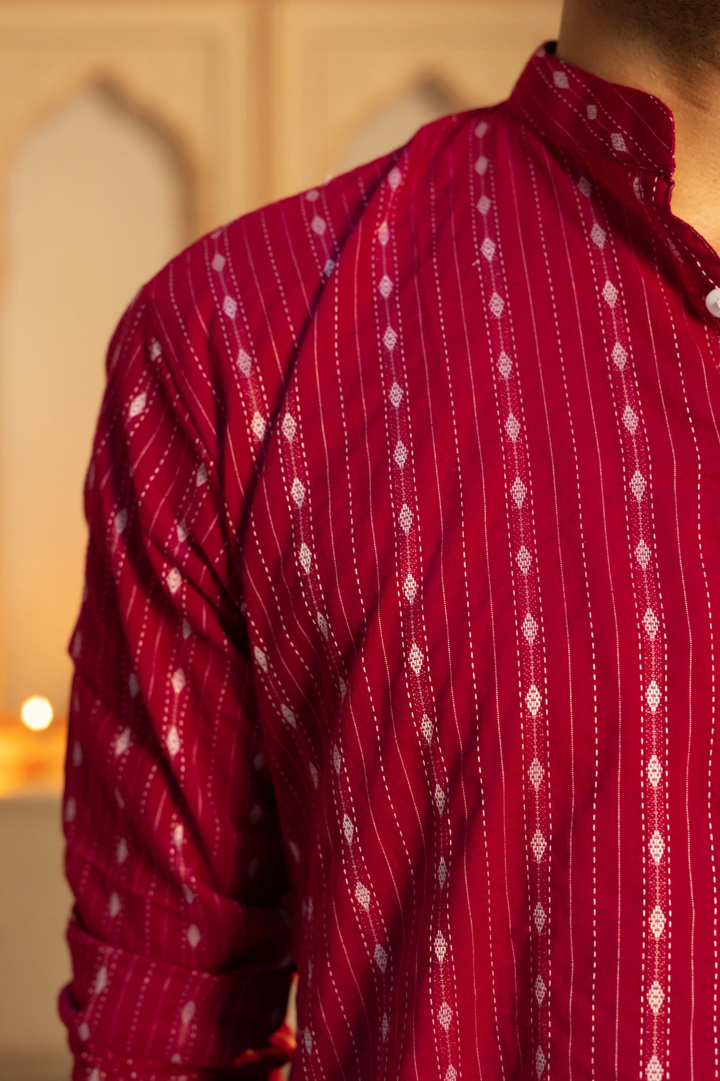 Maroon long kurta for men with striped self work