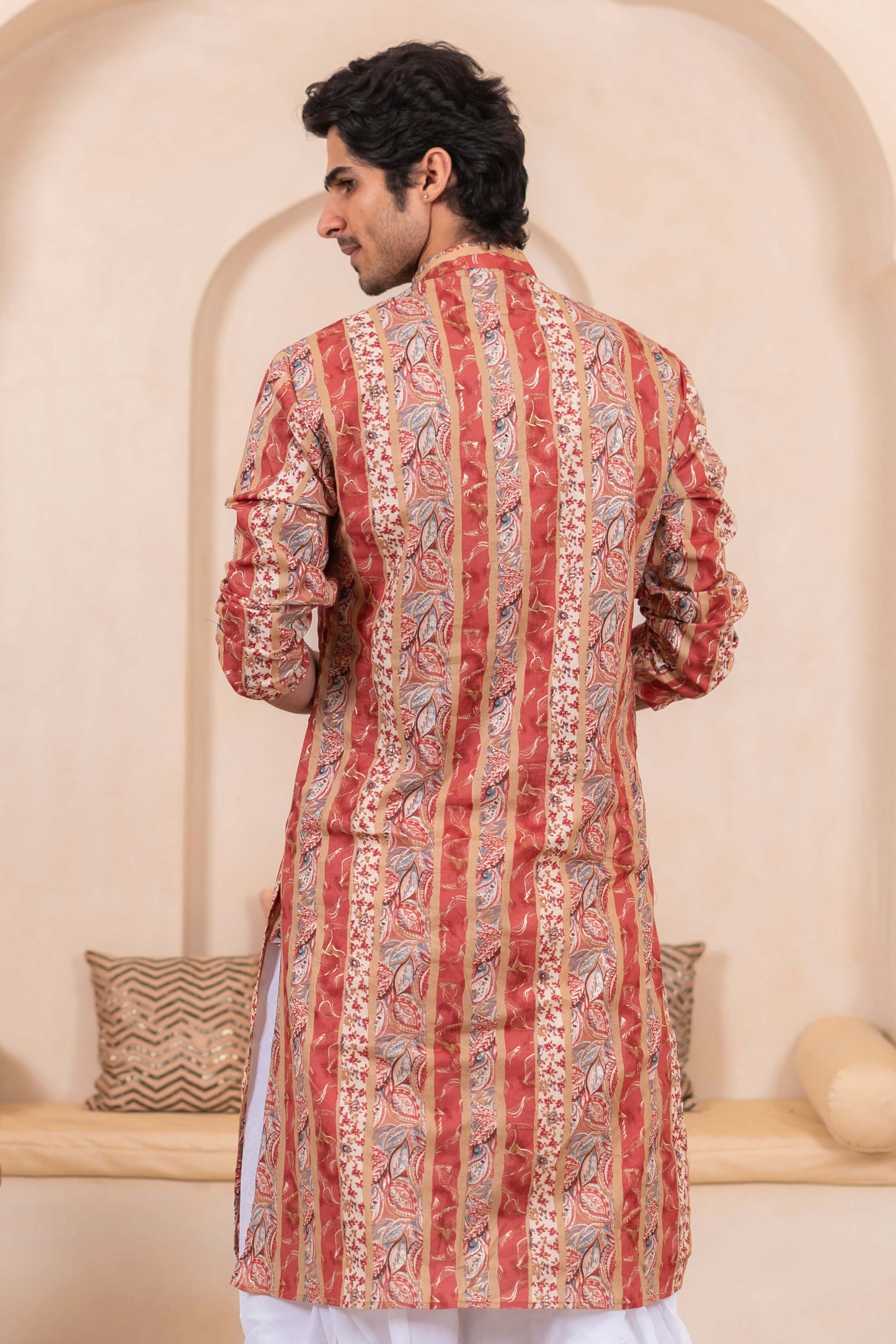 The Multicolor Foil Print Long Kurta With Pink Stripe and Floral Print