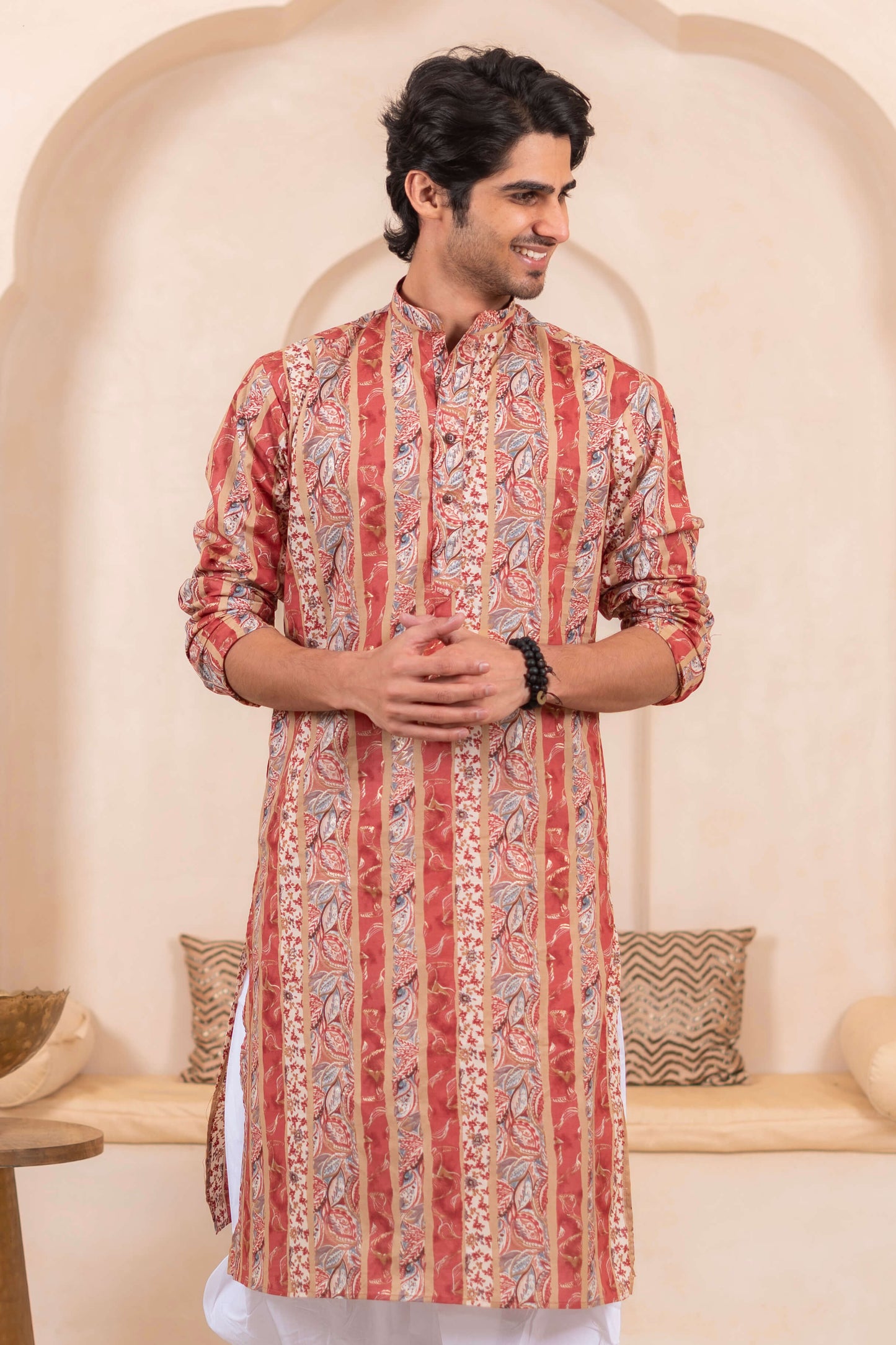 The Multicolor Foil Print Long Kurta With Pink Stripe and Floral Print